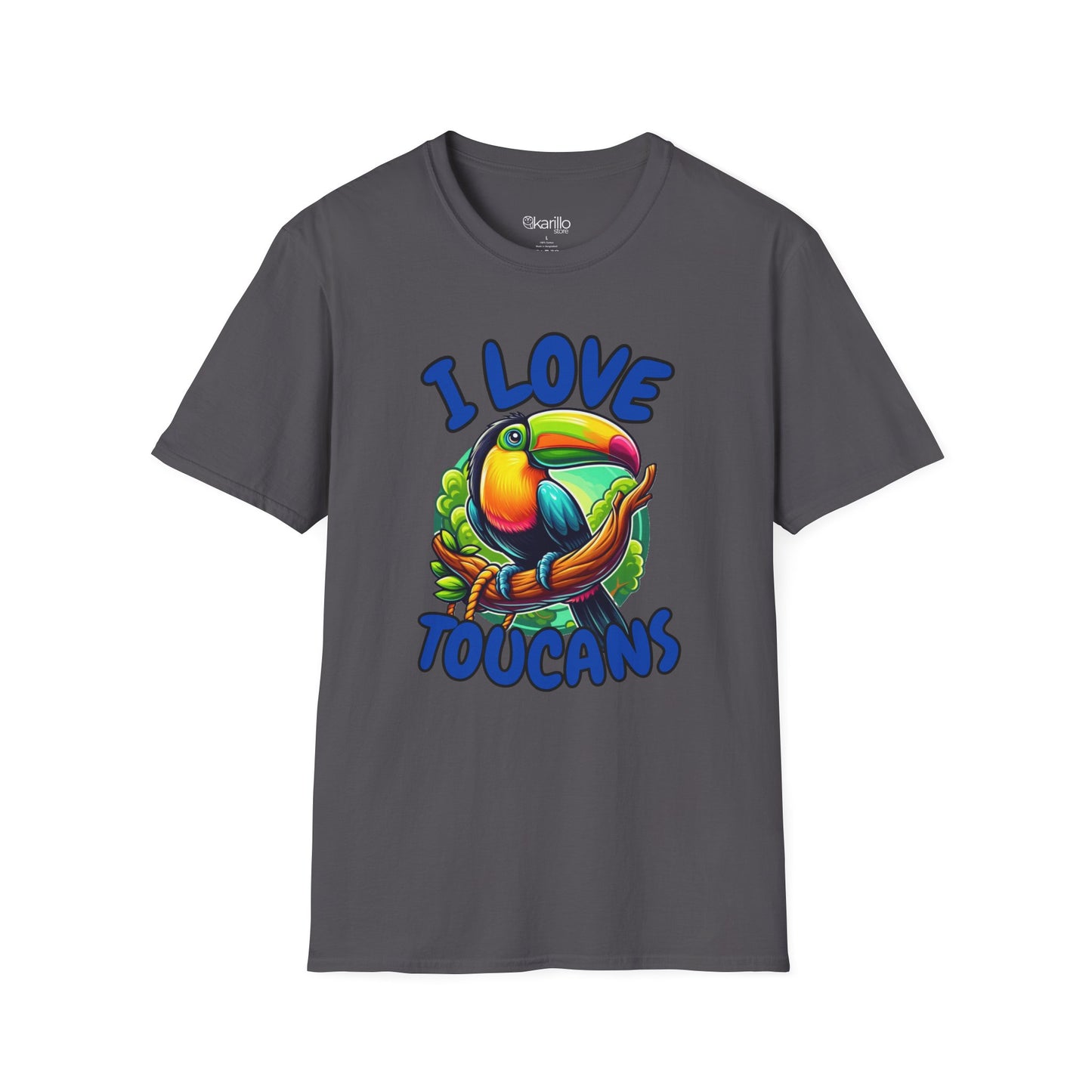 Front view gray t-shirt with a colorful toucan graphic and 'I Love Toucans' text on a white background