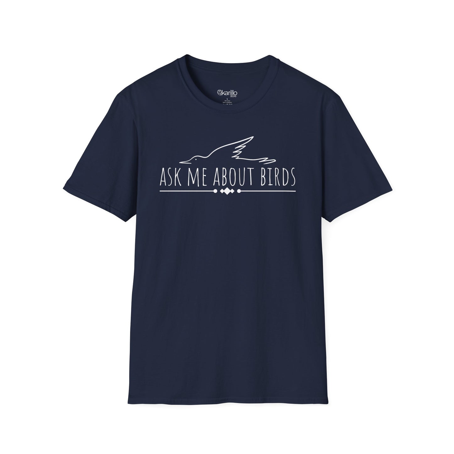 front view navy blue t-shirt with 'Ask Me About Birds' text and bird silhouette on a white background