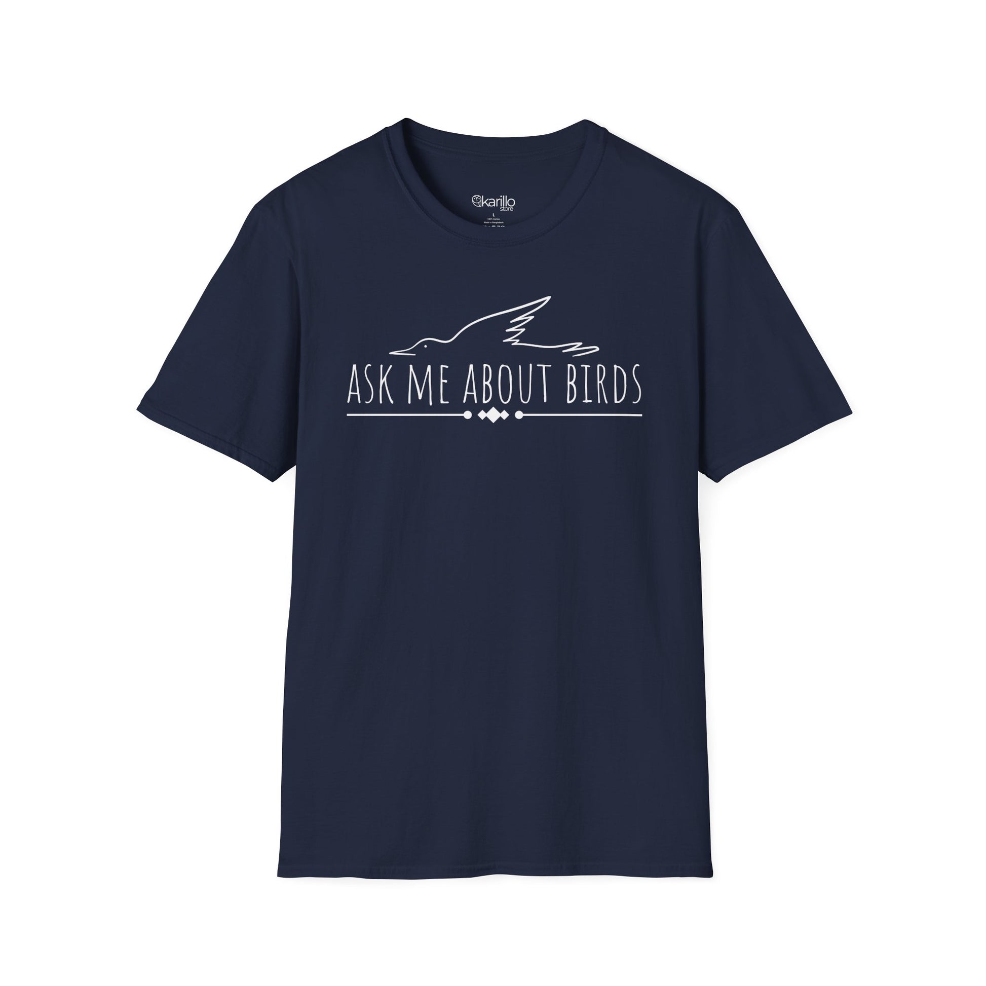front view navy blue t-shirt with 'Ask Me About Birds' text and bird silhouette on a white background