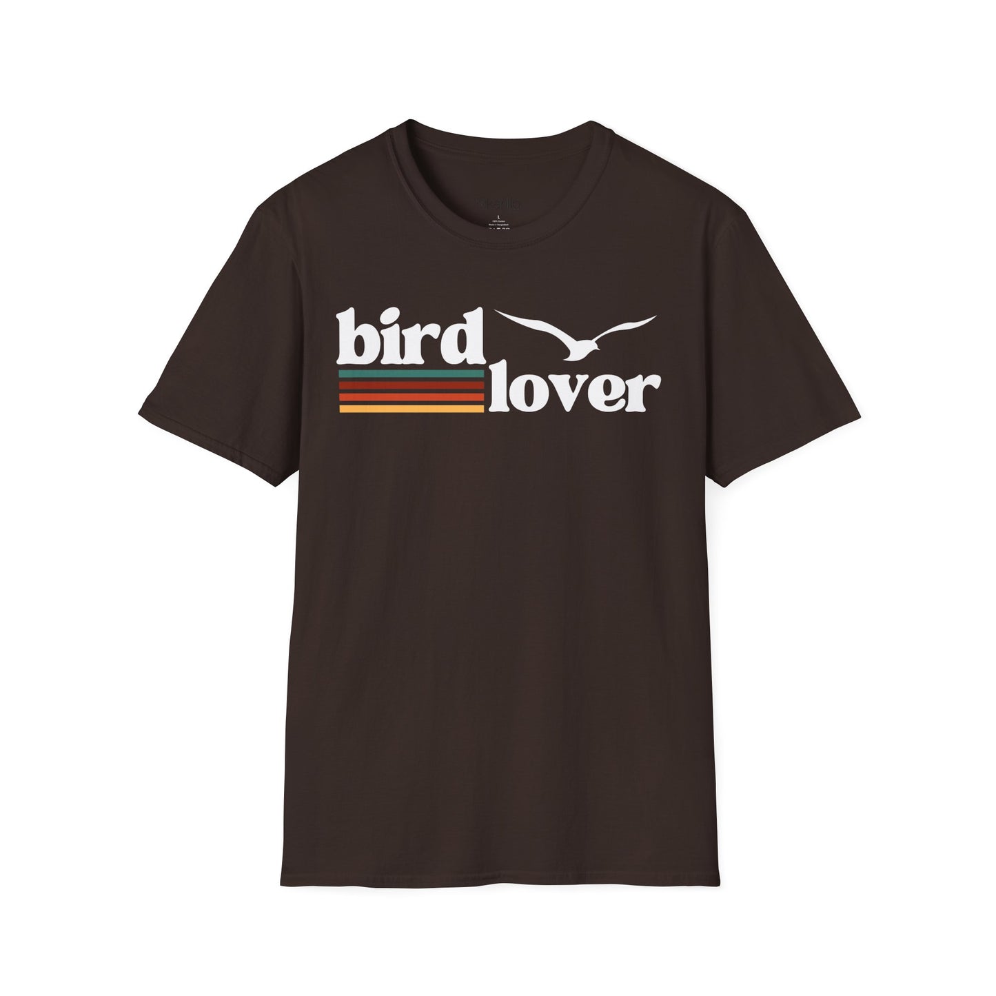 Front view of a Bird Lover graphic design on a brown color t-shirt