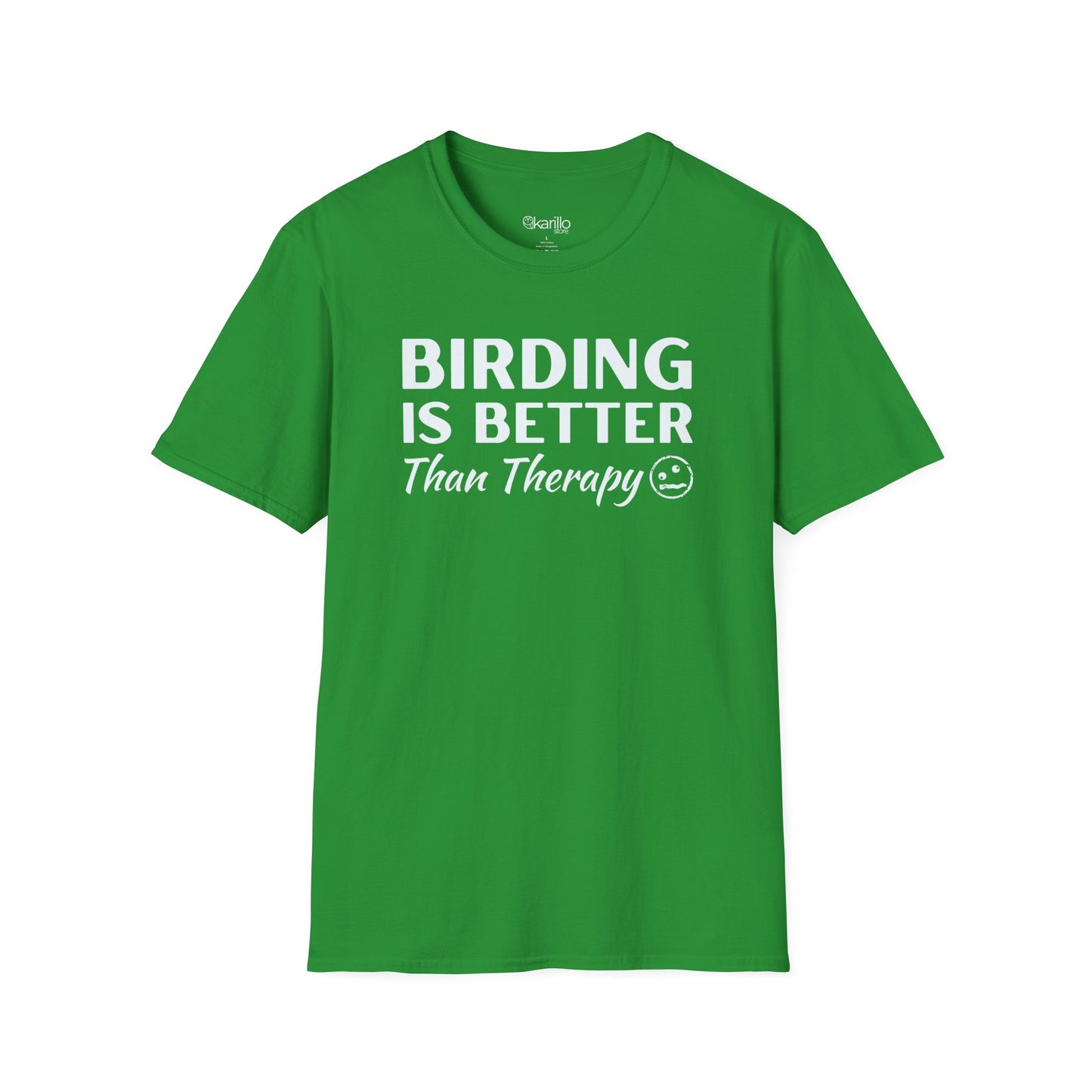 Green t-shirt with 'BIRDING IS BETTER THAN THERAPY' text on a white background
