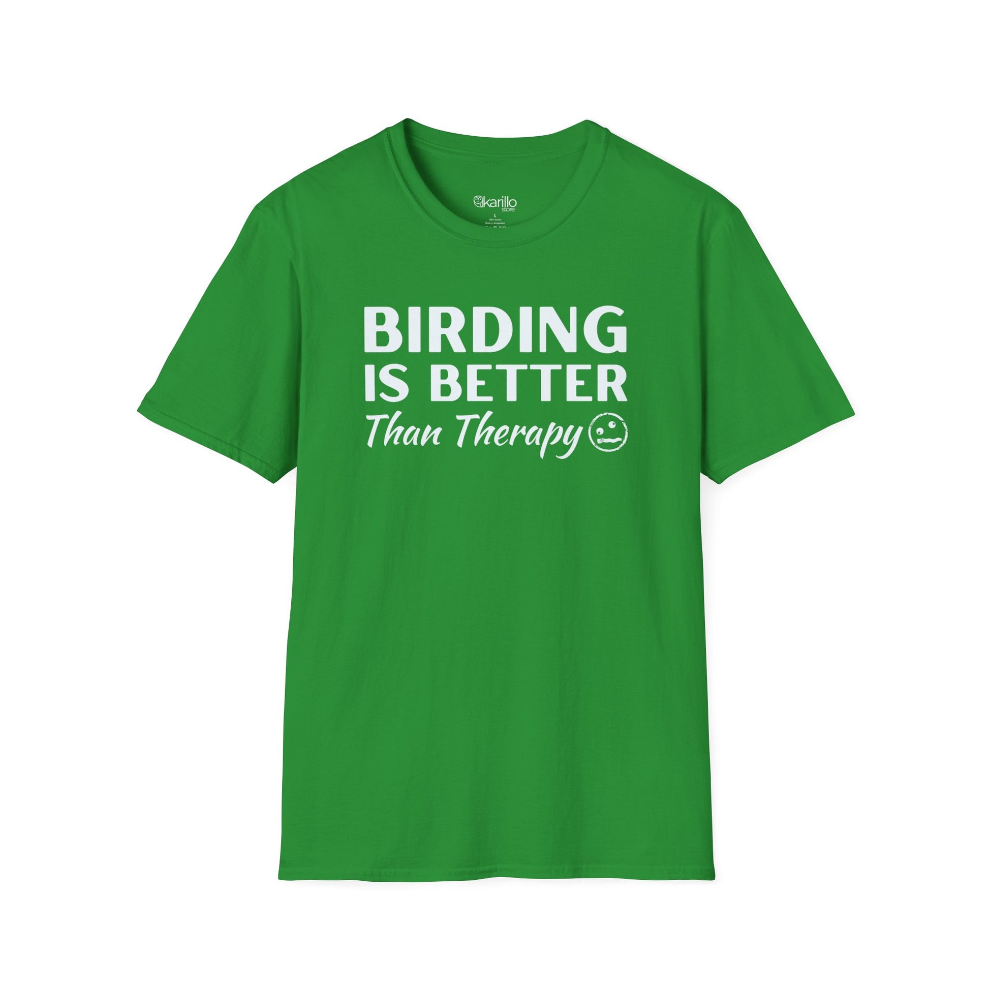 Green t-shirt with 'BIRDING IS BETTER THAN THERAPY' text on a white background