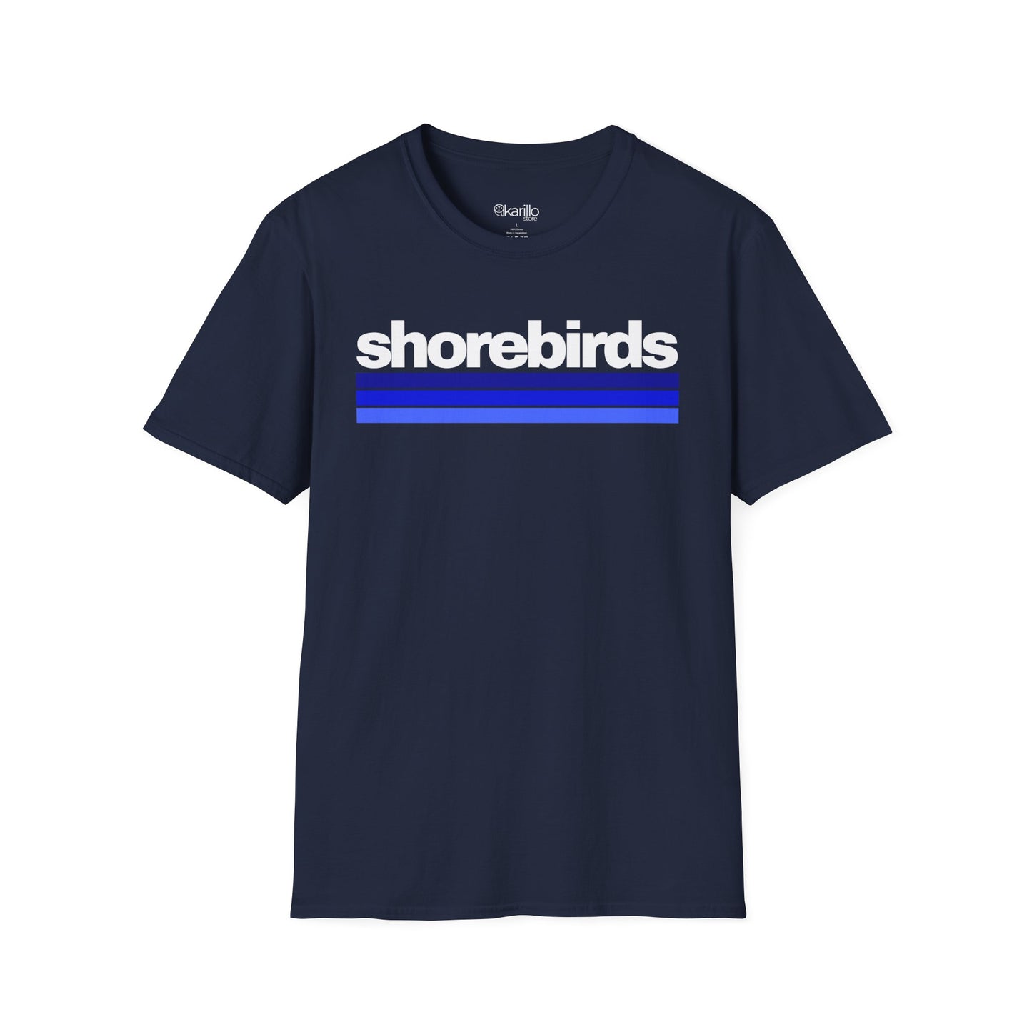 Front view of navy blue t-shirt with 'shorebirds' text and blue stripes on a white background