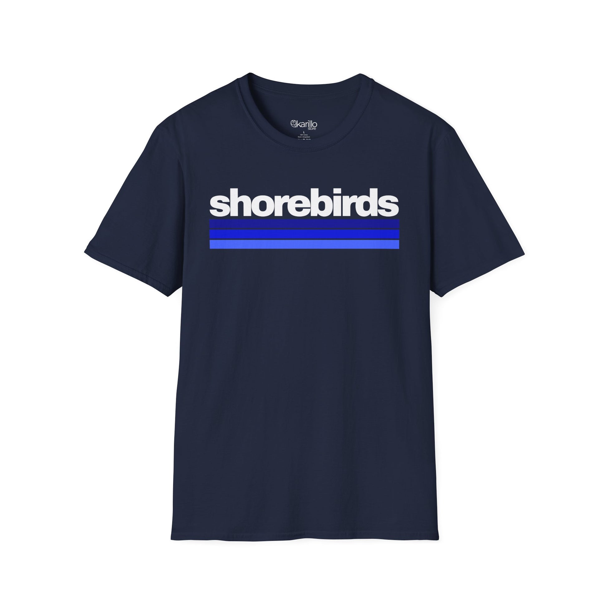 Front view of navy blue t-shirt with 'shorebirds' text and blue stripes on a white background