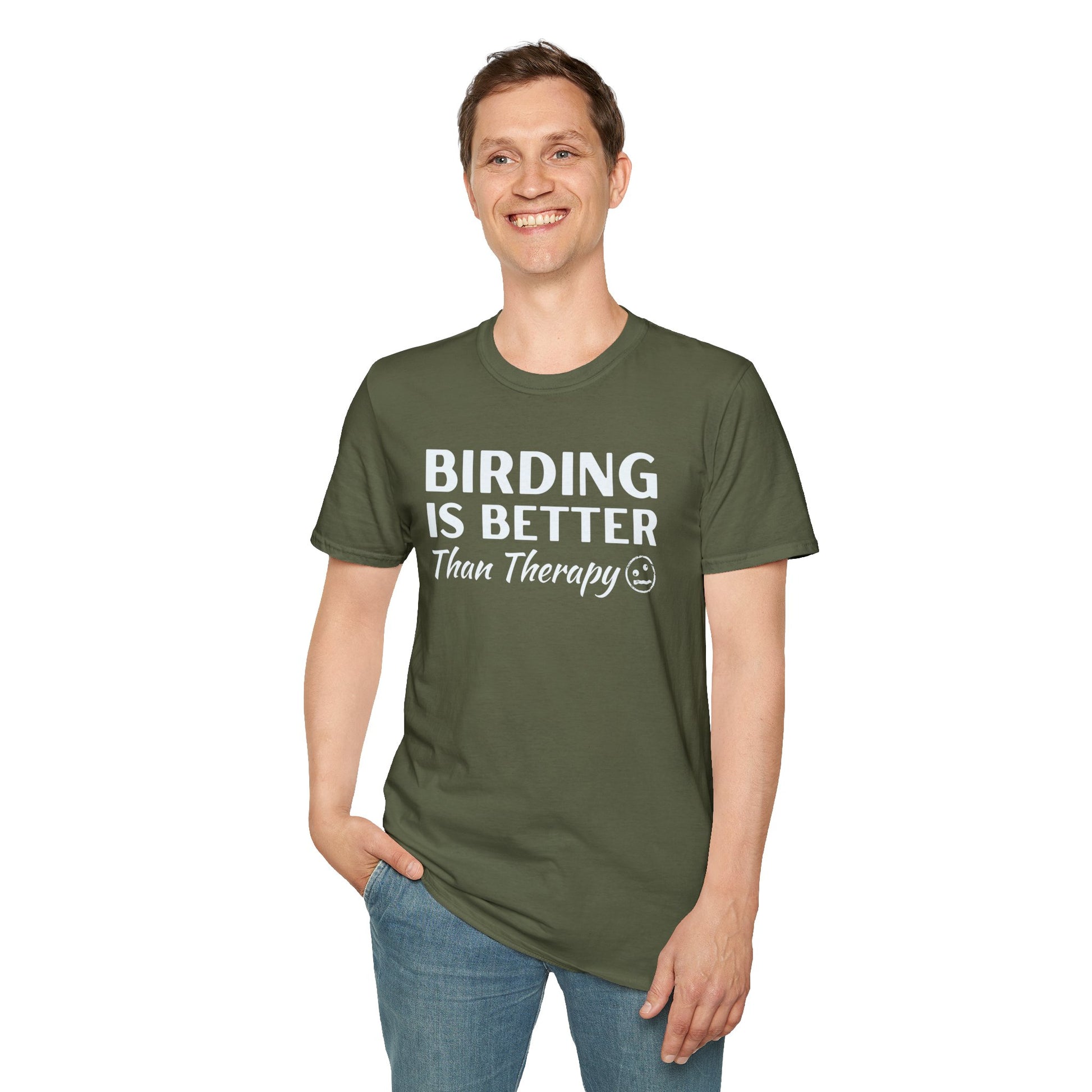 men wearing a green t-shirt with 'BIRDING IS BETTER THAN THERAPY' text on a white background