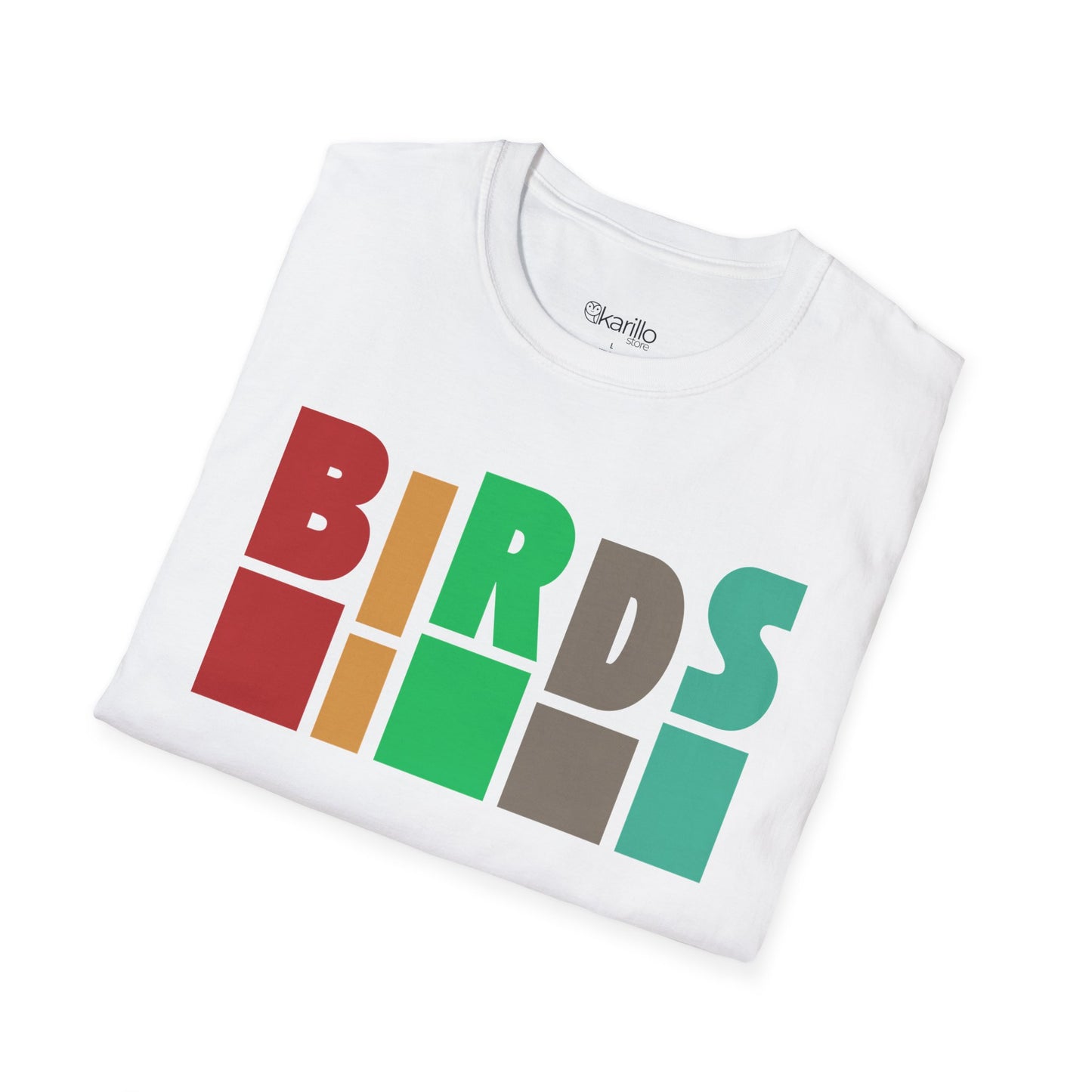 Folded white t-shirt with 'Birds' text on a white background