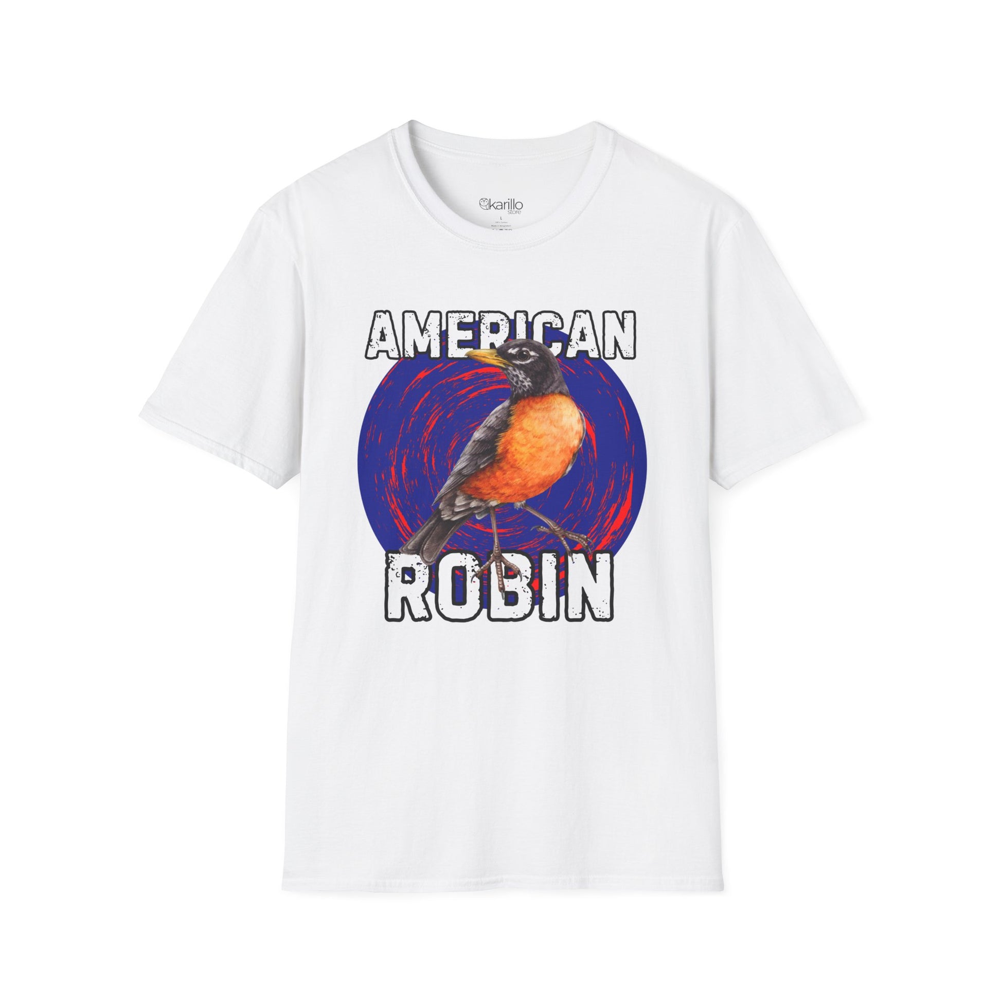 White t-shirt with an 'American Robin' graphic design on a white background