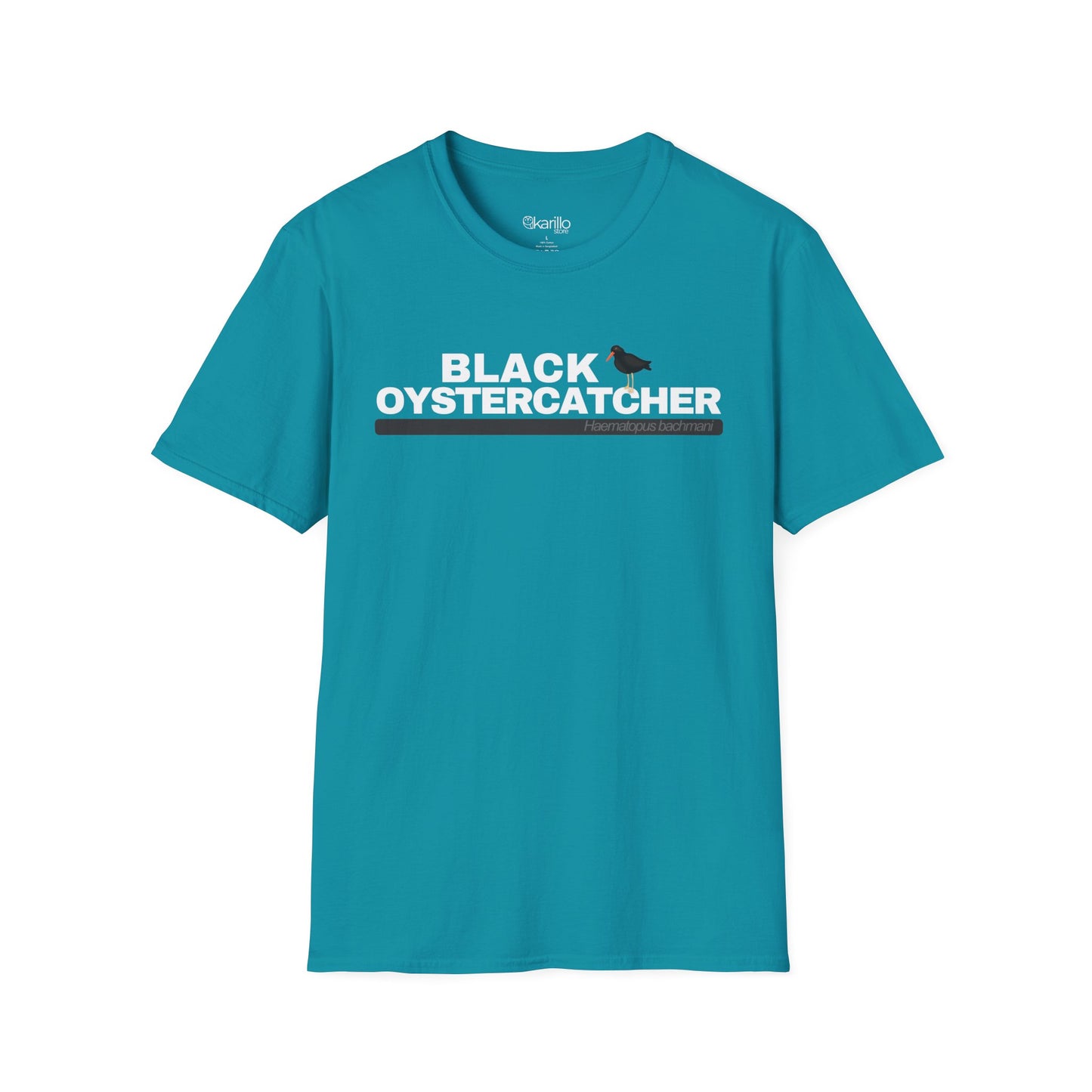 Teal t-shirt with 'Black Oystercatcher' text and logo on a white background