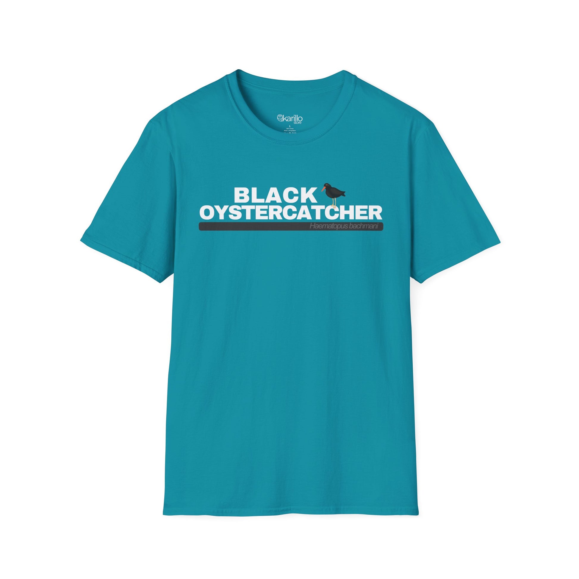Teal t-shirt with 'Black Oystercatcher' text and logo on a white background