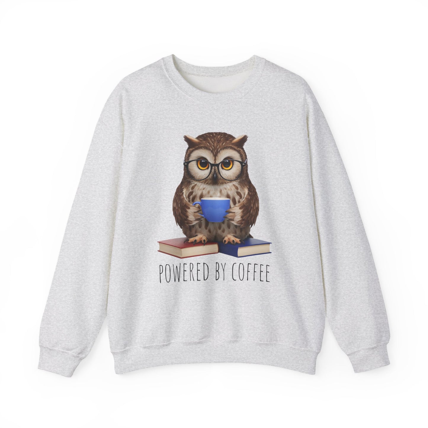 Gray sweatshirt with an owl graphic and 'Powered by Coffee' text on a white background