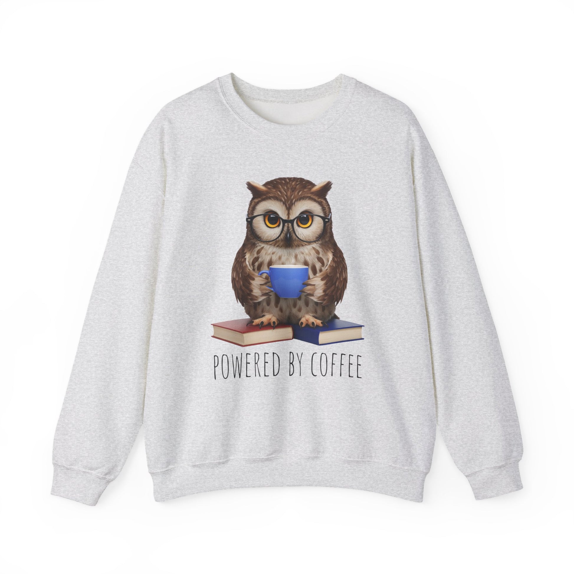 Gray sweatshirt with an owl graphic and 'Powered by Coffee' text on a white background