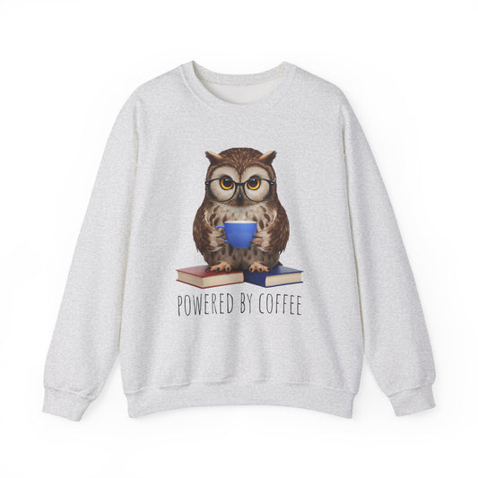 Gray sweatshirt with an owl graphic and 'Powered by Coffee' text on a white background