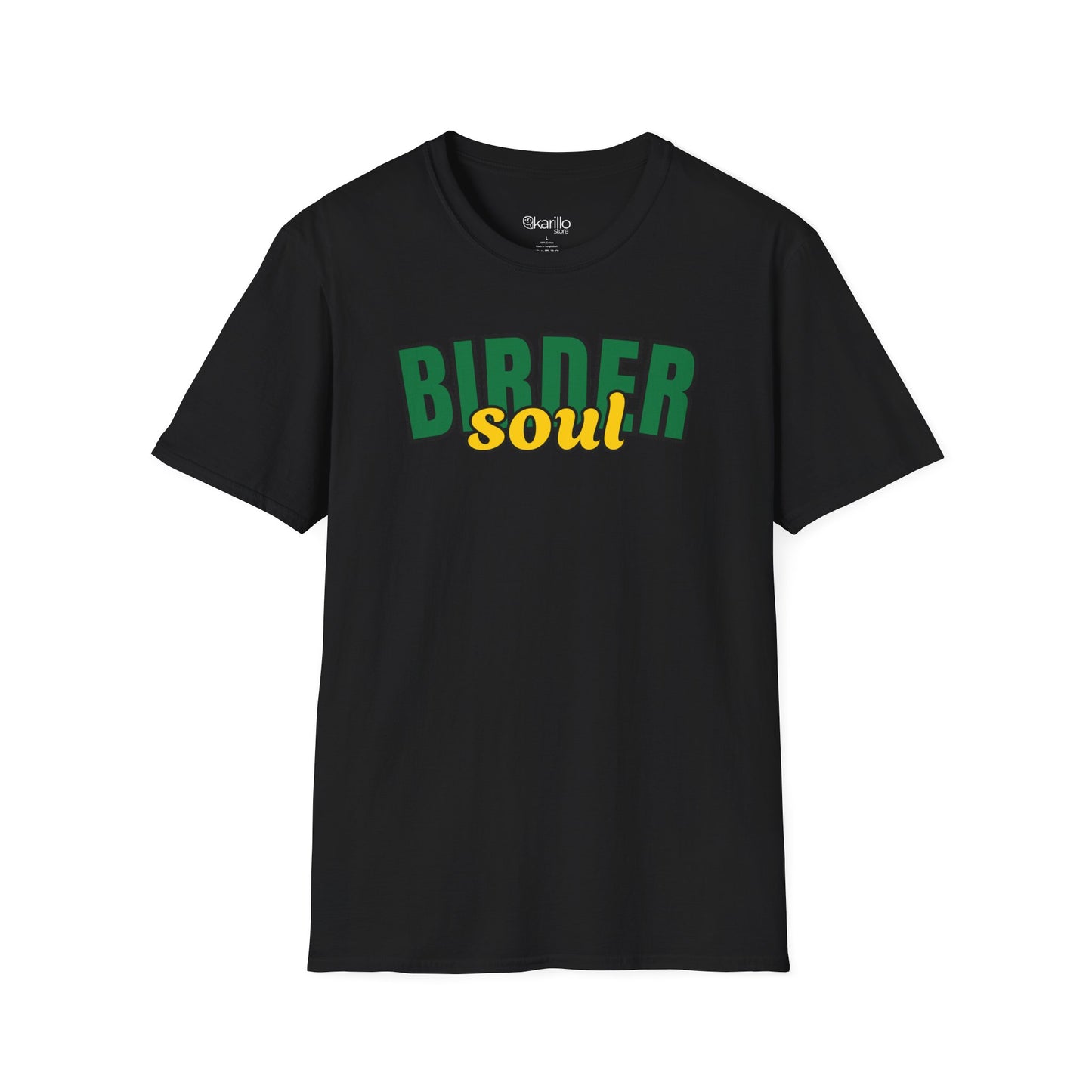 Black t-shirt with 'BIRDER soul' text in green and yellow on a white background