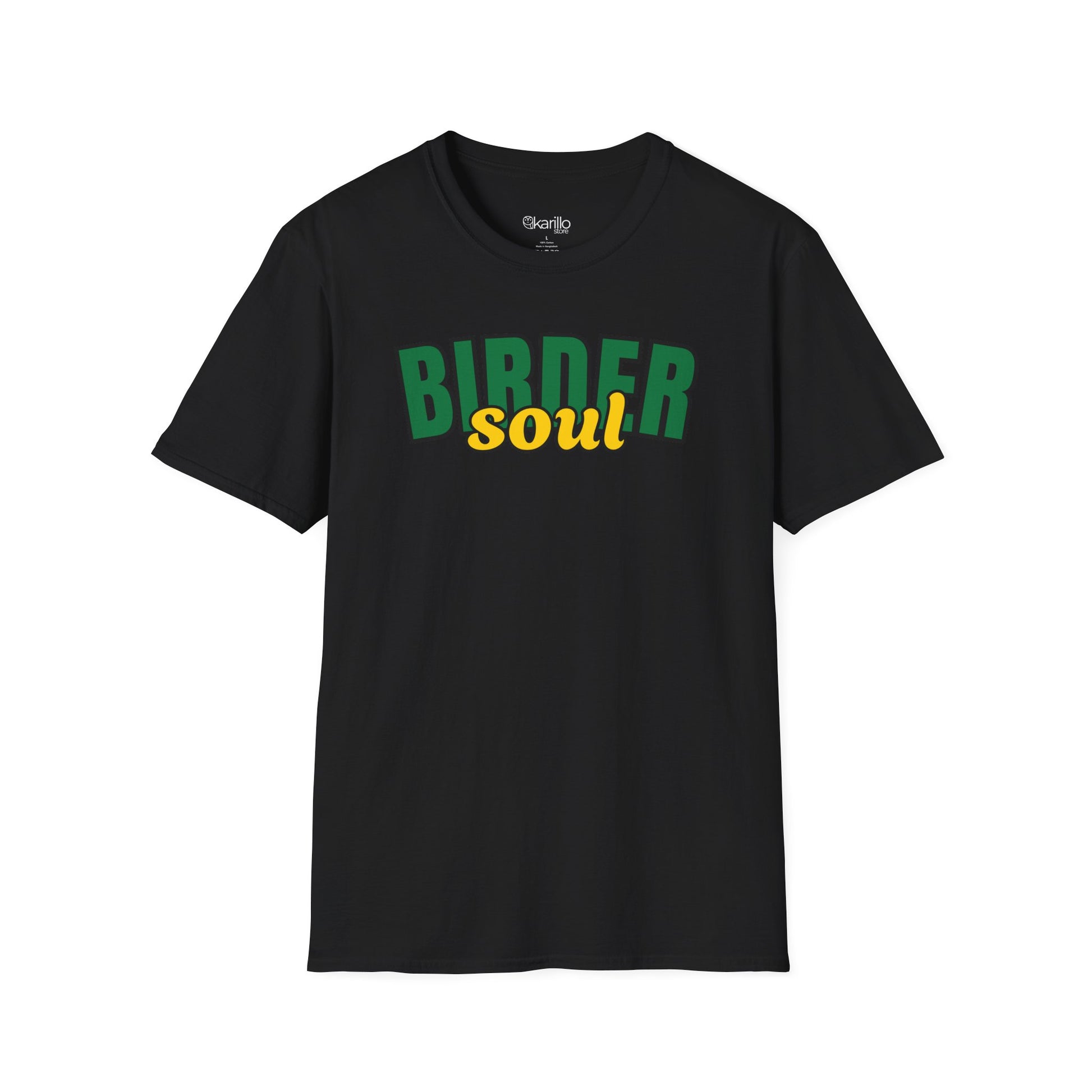 Black t-shirt with 'BIRDER soul' text in green and yellow on a white background