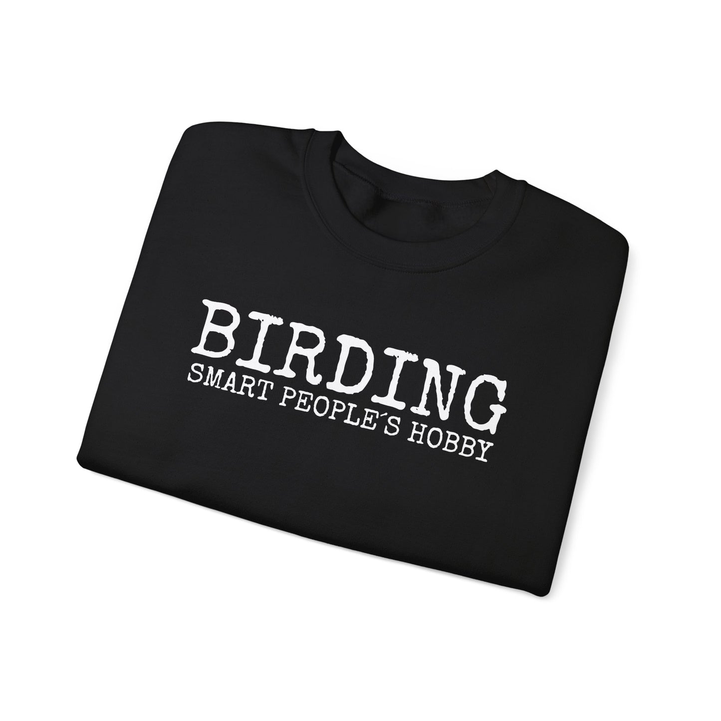 Black t-shirt with 'BIRDING SMART PEOPLE'S HOBBY' text on a white background