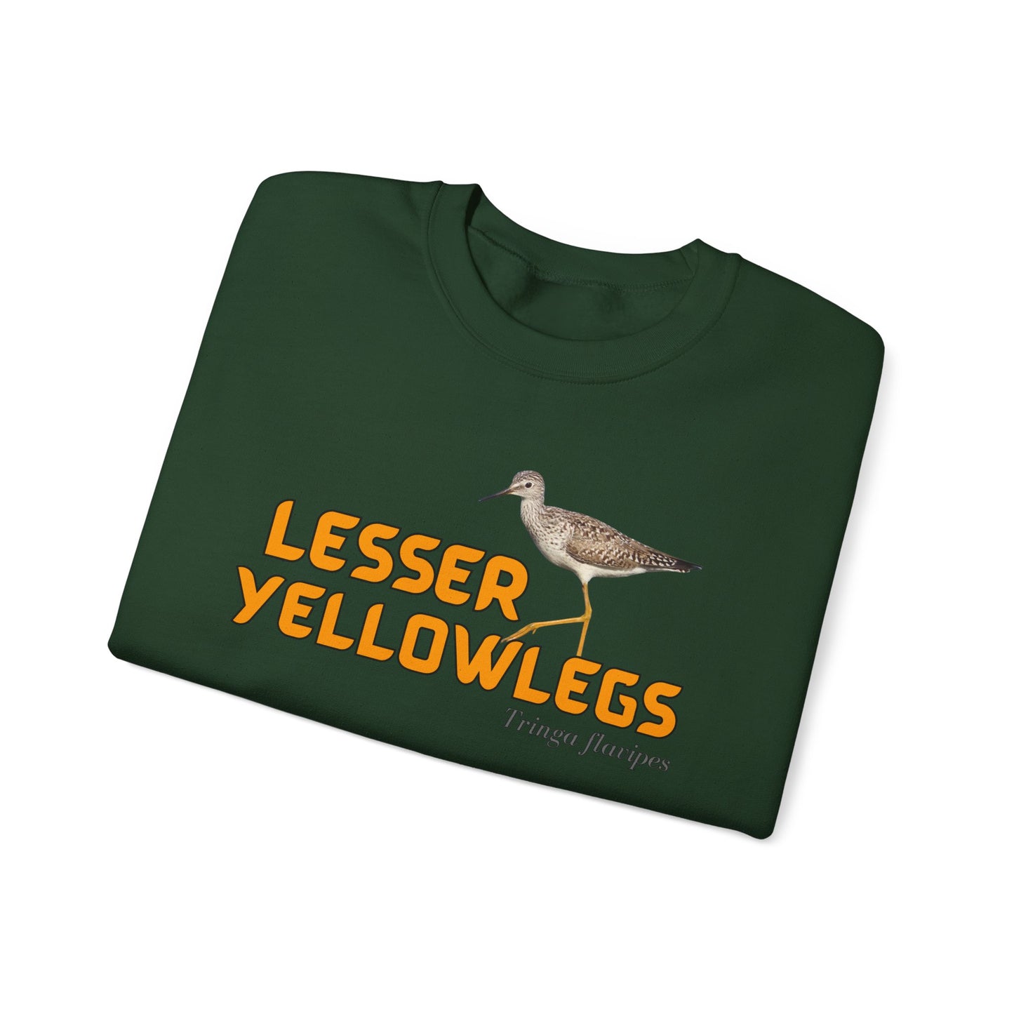 Folded green shirt with 'Lesser Yellowlegs' text and bird illustration on a white background