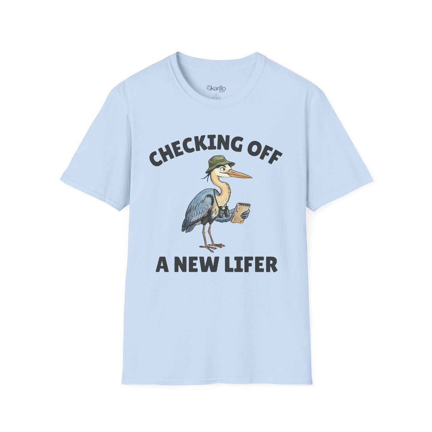 Light blue short-sleeve t-shirt with a graphic of a heron wearing a green hat and holding checklist and binoculars, with the text 'CHECKING OFF A NEW LIFER' with a white blackground.