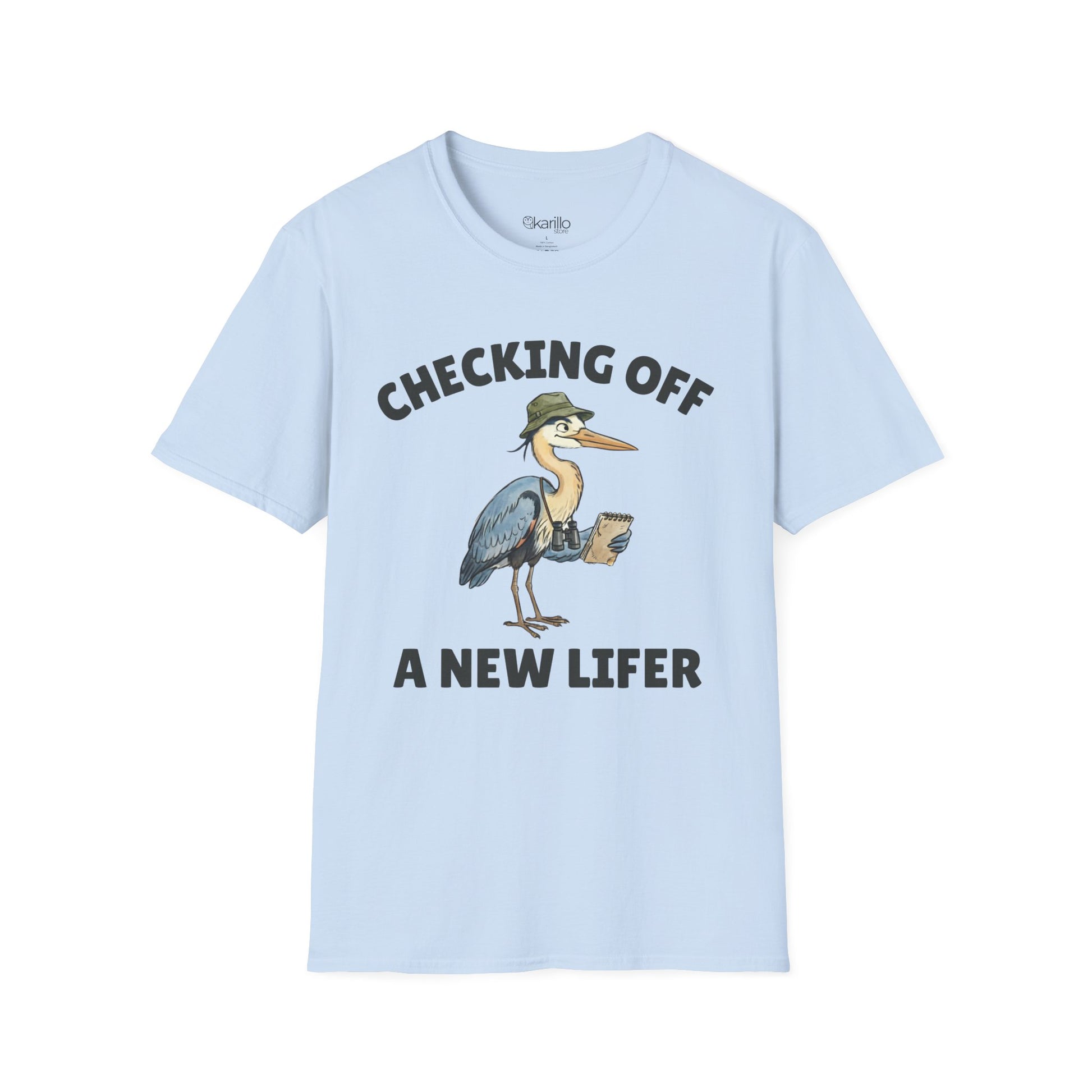 Light blue short-sleeve t-shirt with a graphic of a heron wearing a green hat and holding checklist and binoculars, with the text 'CHECKING OFF A NEW LIFER' with a white blackground.