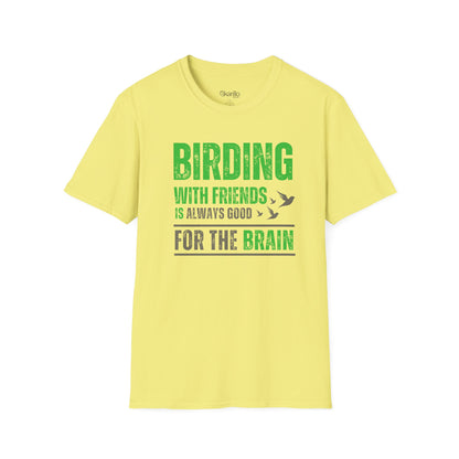 Front view Bird Lover Quote t-shirt yellow color, Birding With Friends graphic design