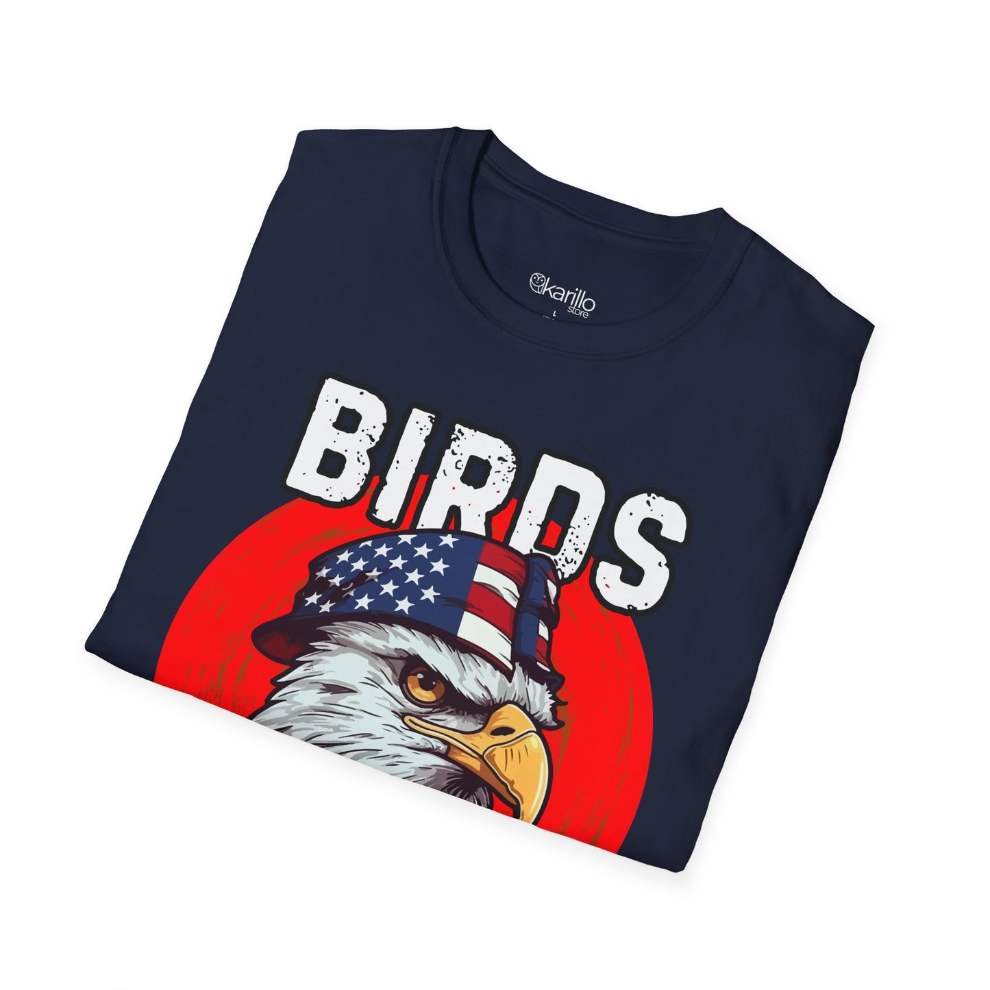 Folded view navy blue t-shirt with an eagle graphic and 'Birds of Prey' text on a white background