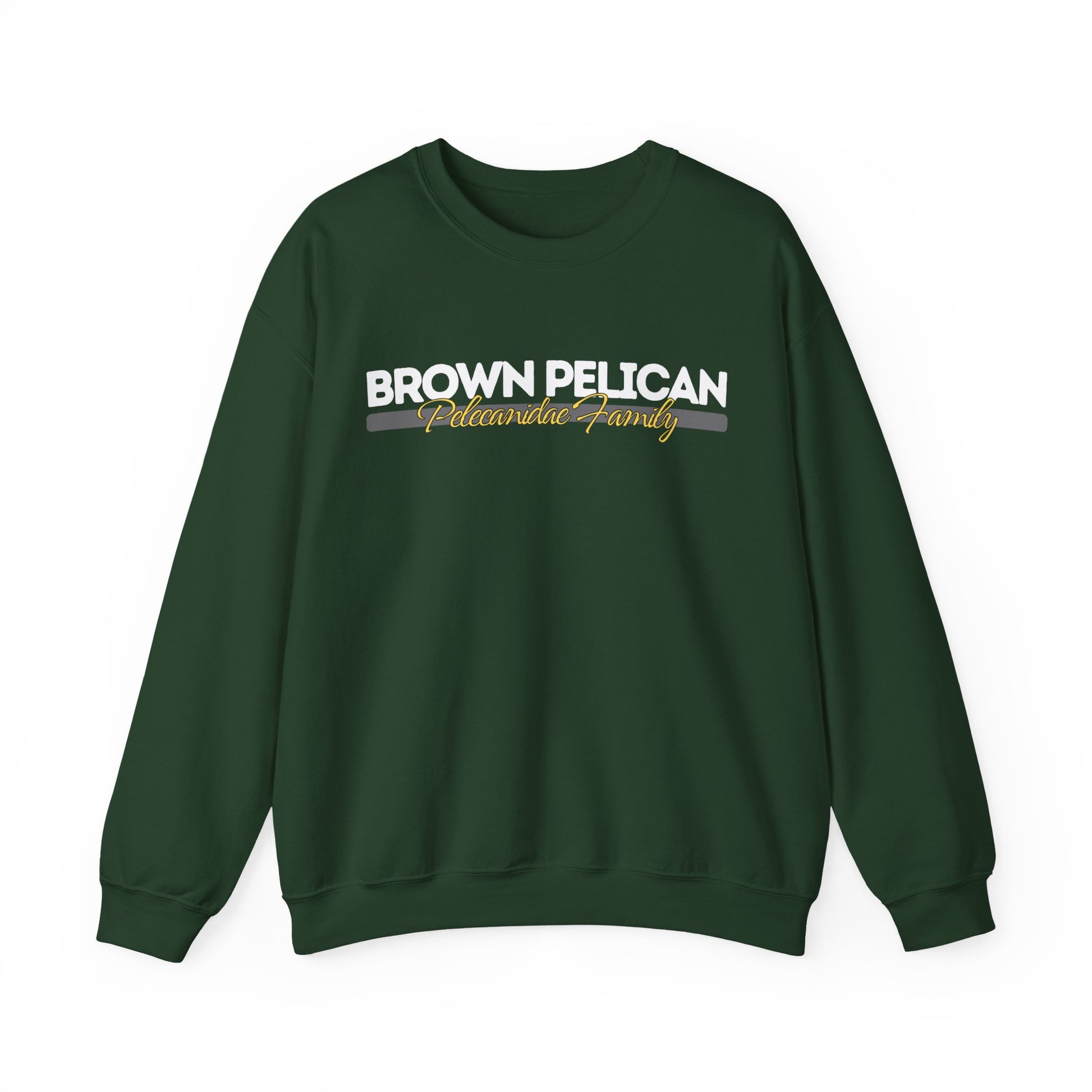 Green sweatshirt with 'Brown Pelican' text on a white background