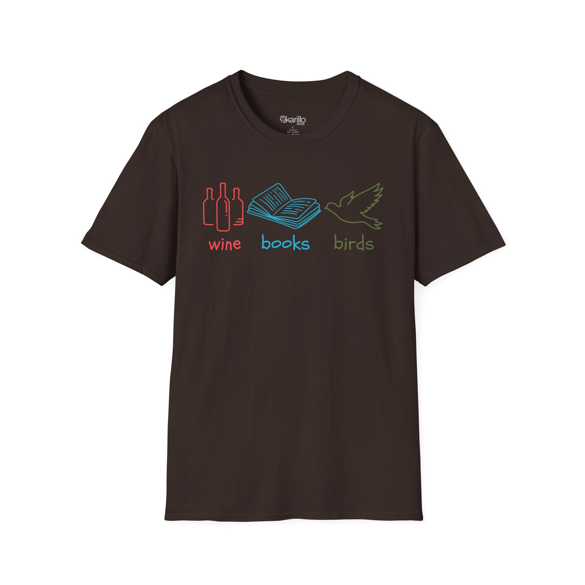 Brown t-shirt with colorful graphics and text "wine books birds"on a white background
