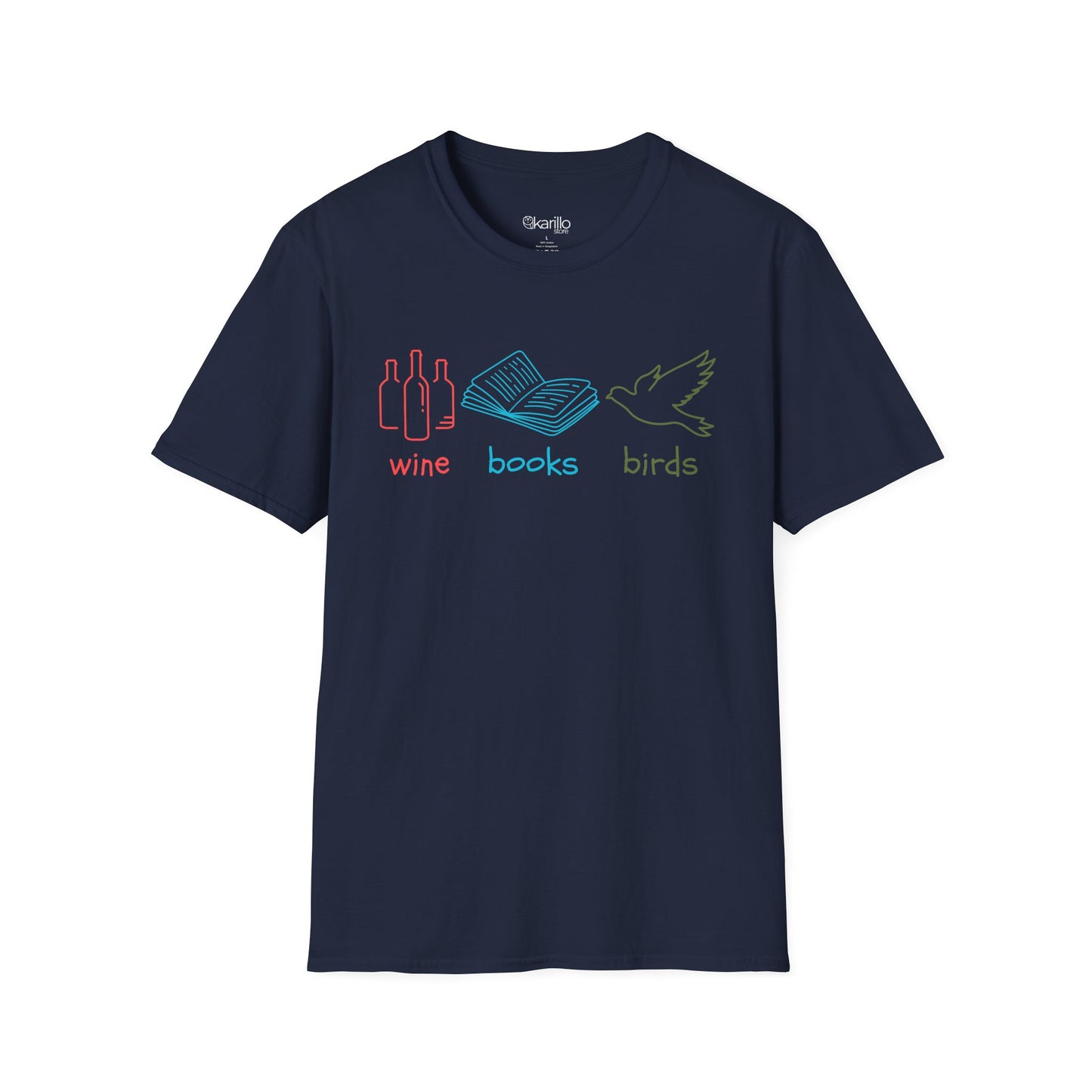 Navy Blue t-shirt with colorful graphics and text "wine books birds"on a white background