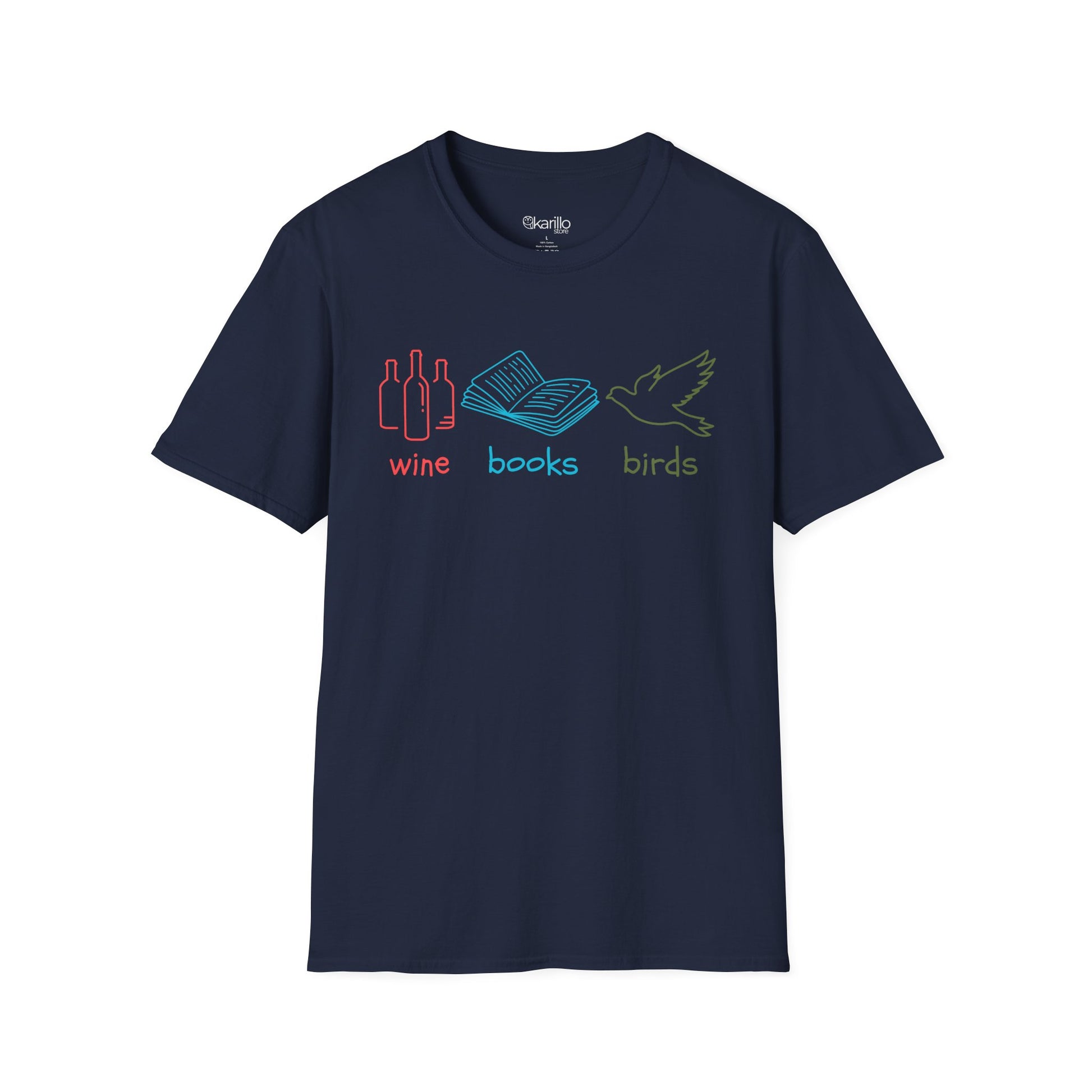 Navy Blue t-shirt with colorful graphics and text "wine books birds"on a white background
