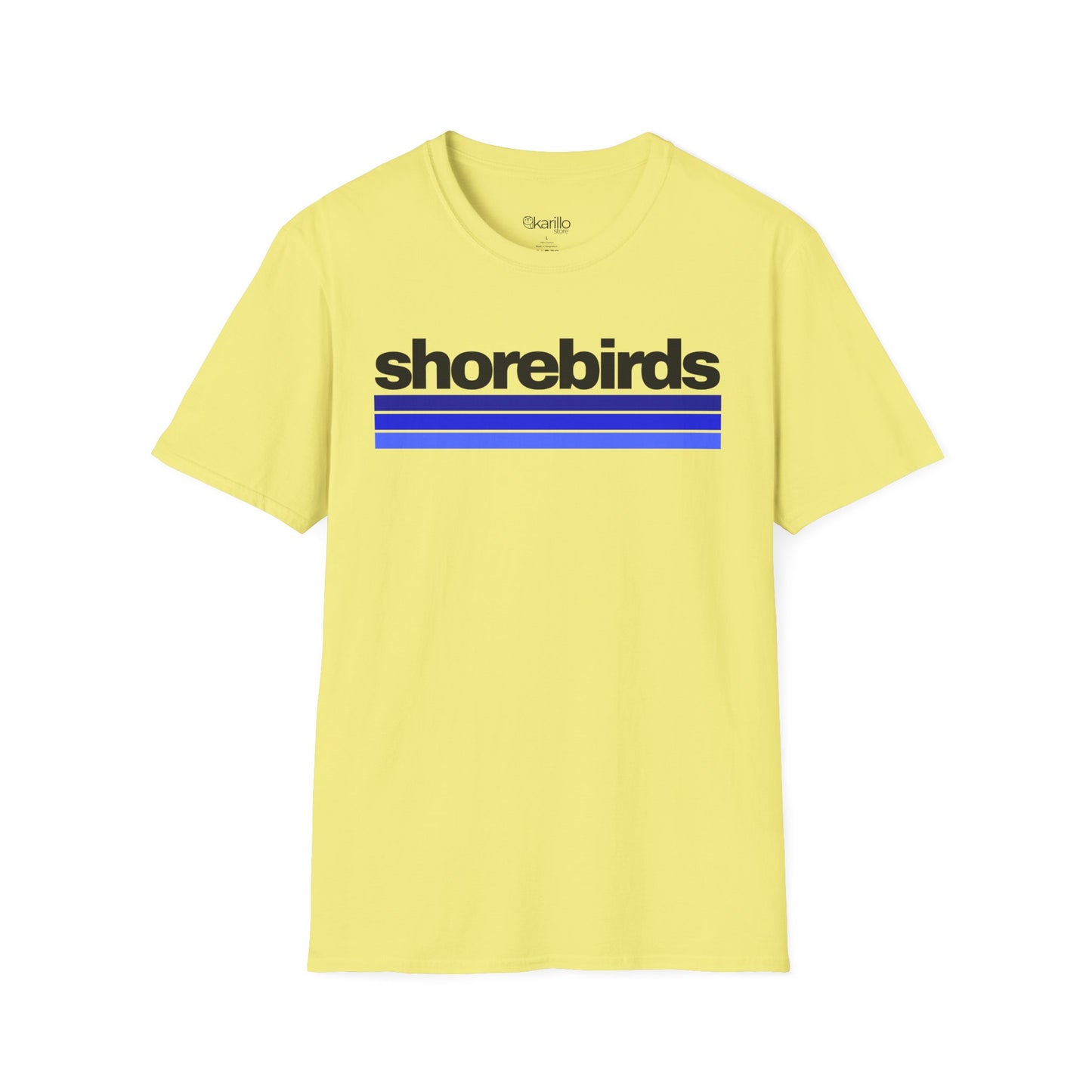 Front view of cornsilk color t-shirt with 'shorebirds' text and blue stripes on a white background