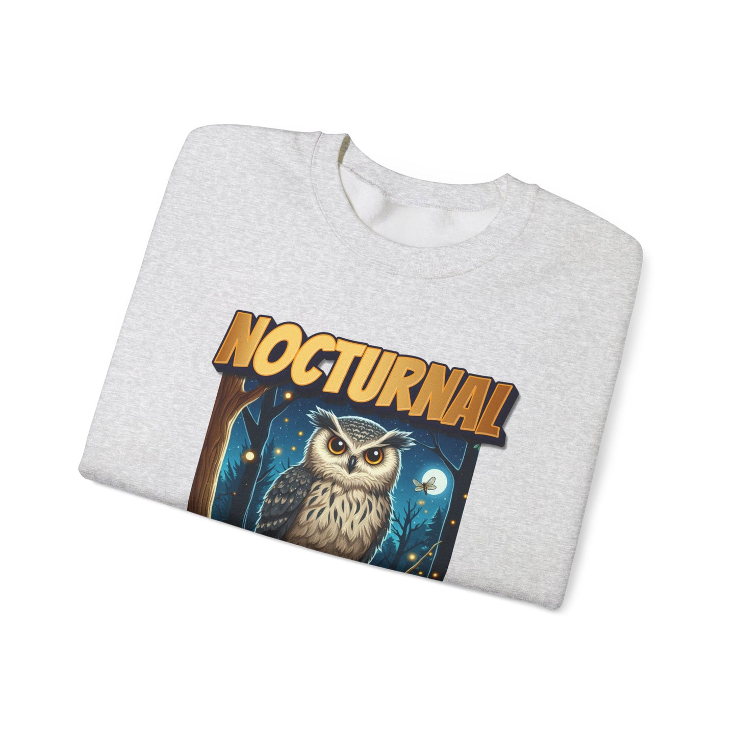 Folded gray sweatshirt with owl graphic and 'Nocturnal' text on a white background