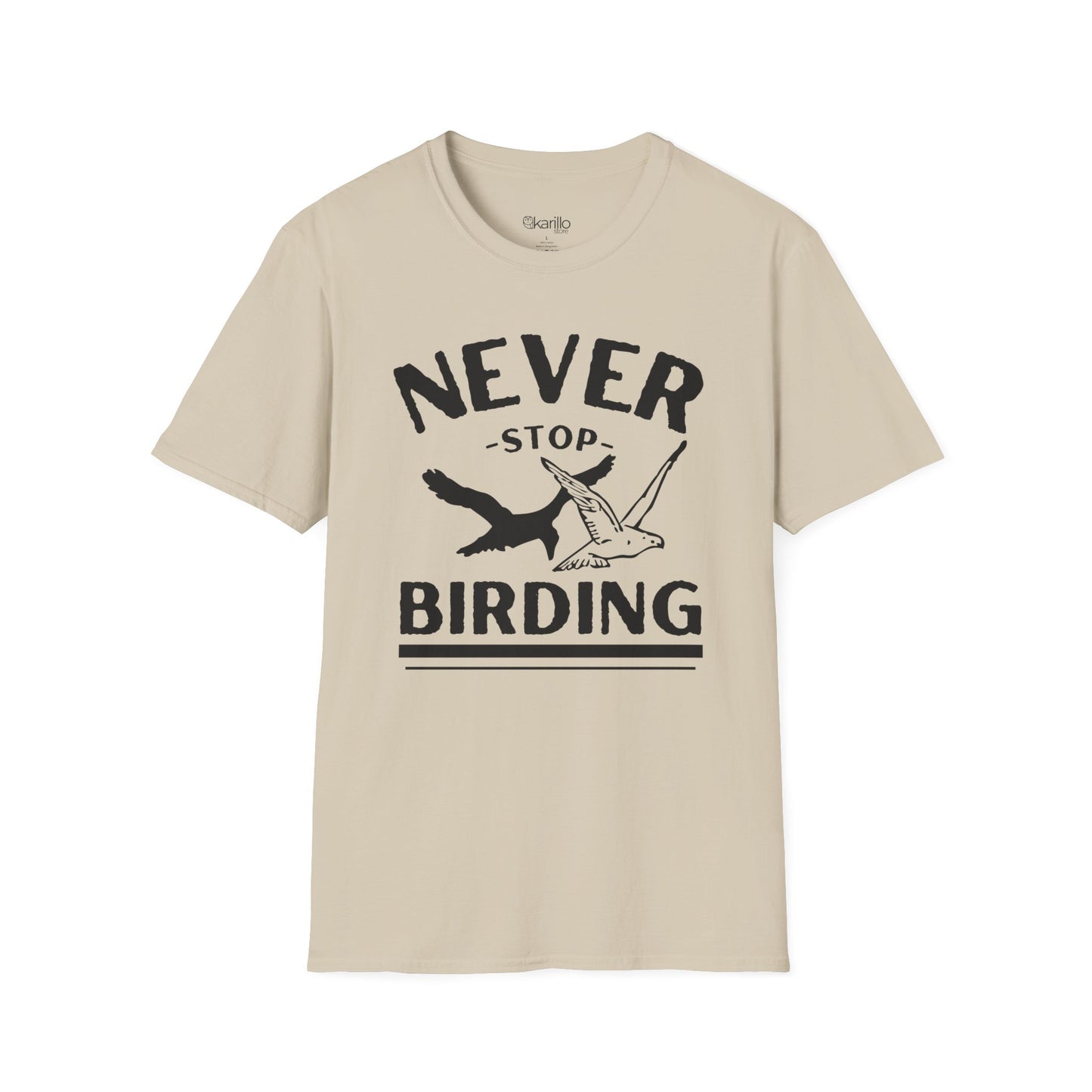 front view of sand color t-shirt with 'Never Stop Birding' text and bird graphics on a white background