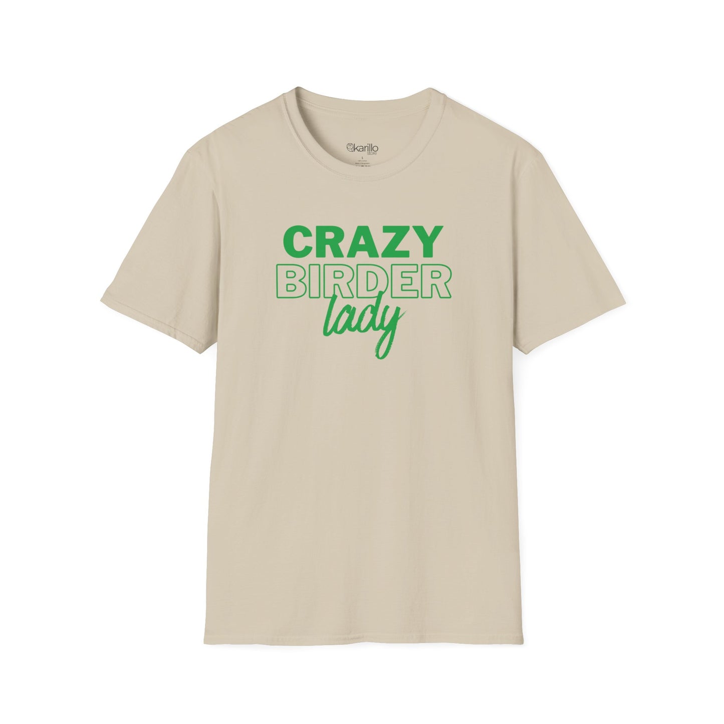 Sand color t-shirt with "crazy birder girl" text on a white background