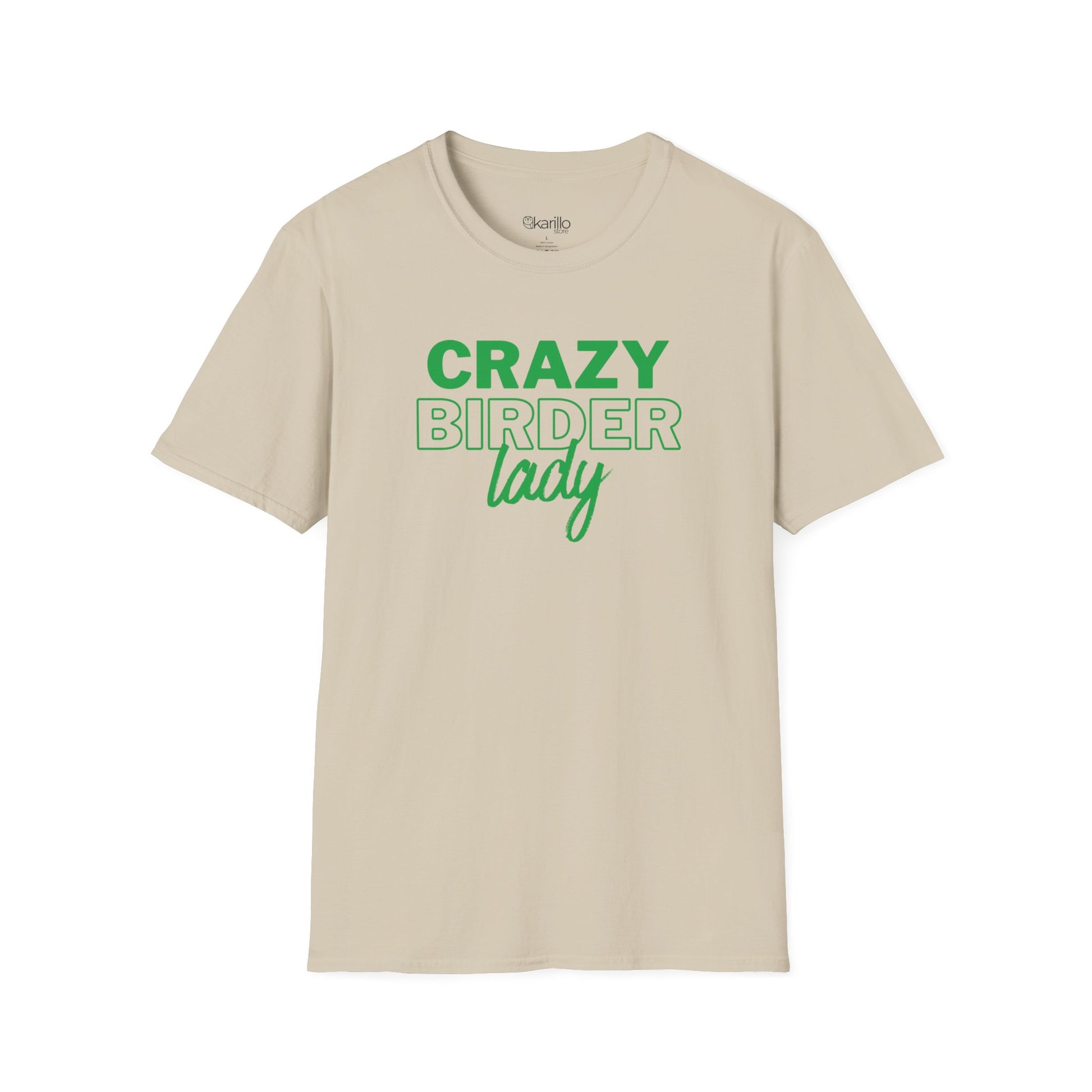 Sand color t-shirt with "crazy birder girl" text on a white background