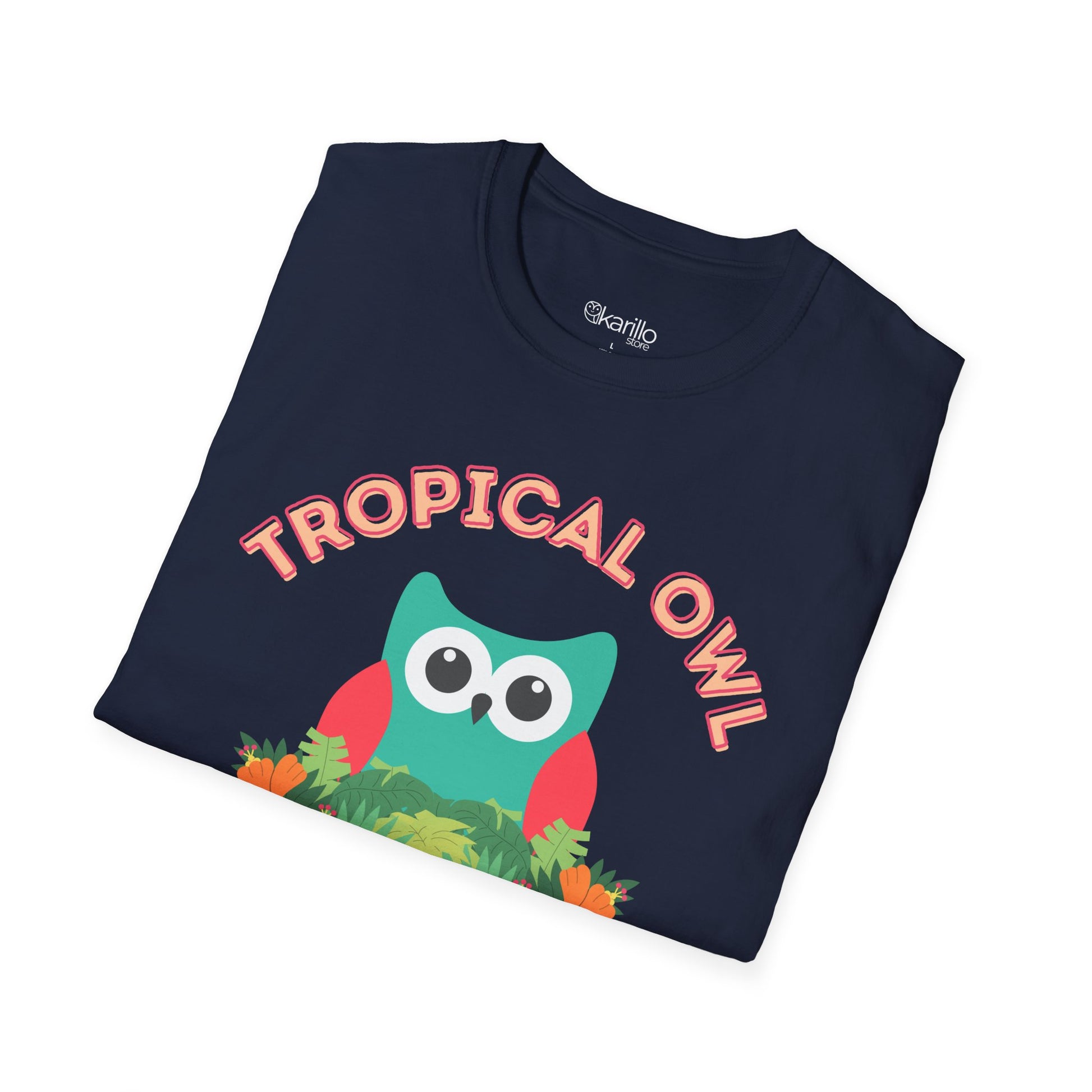 Navy blue t-shirt with 'Tropical Owl' design on a white background