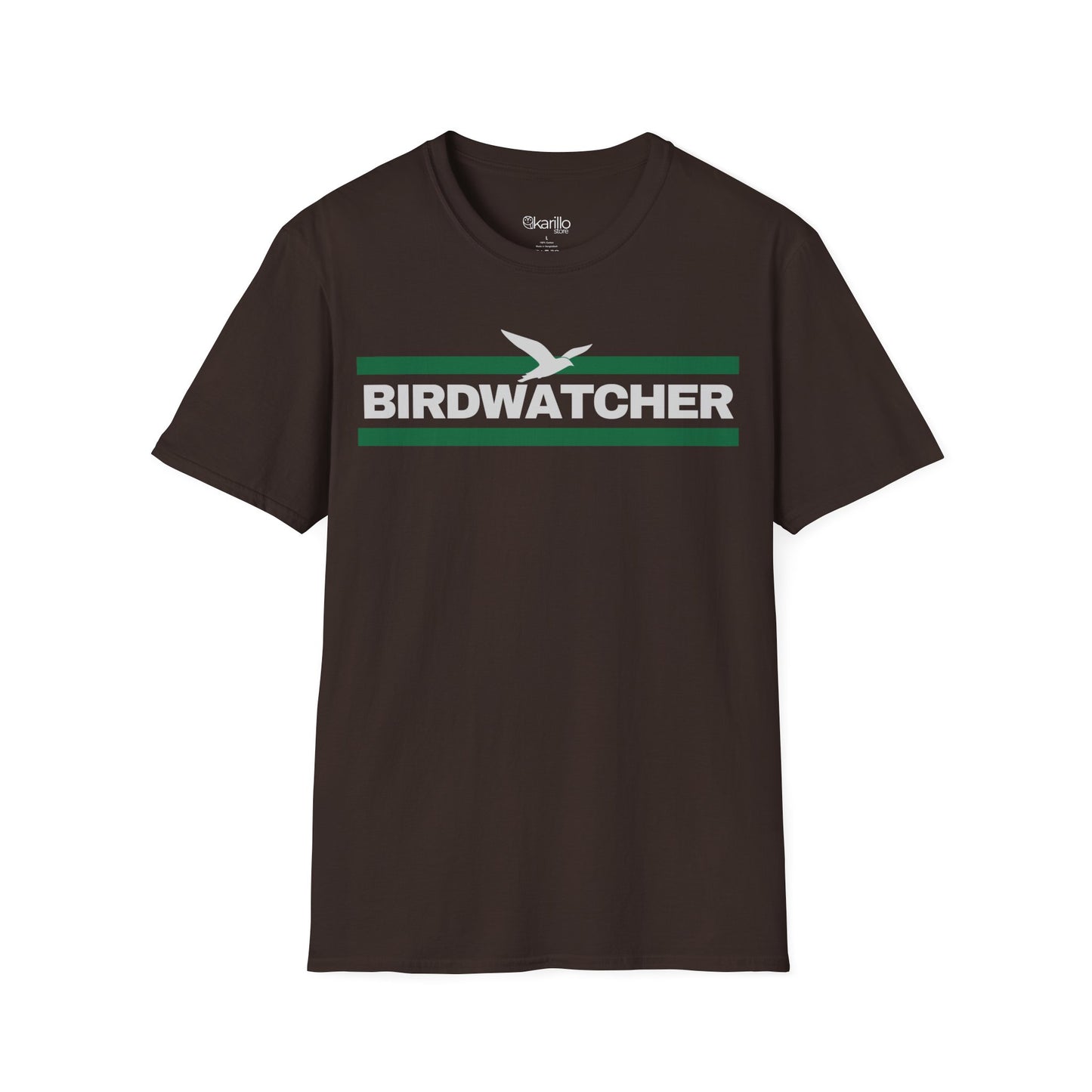 Front view brown t-shirt with 'BIRDWATCHER' text and green stripe on a white background