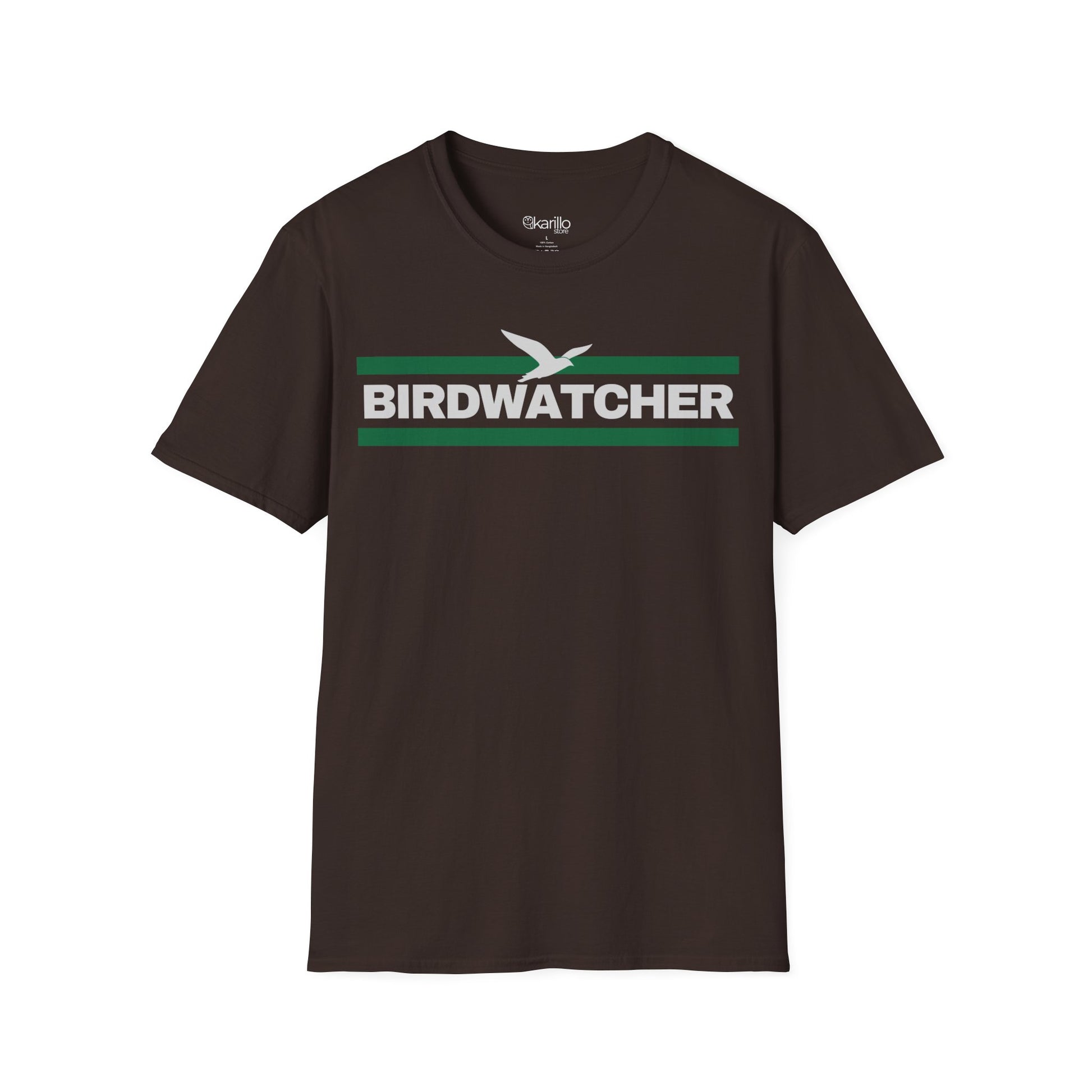 Front view brown t-shirt with 'BIRDWATCHER' text and green stripe on a white background