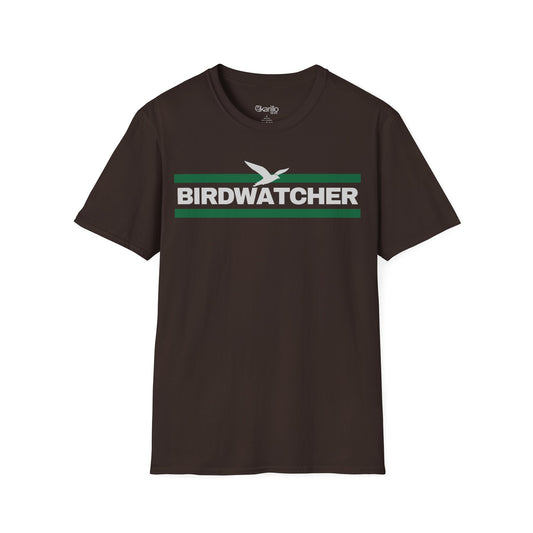 Front view brown t-shirt with 'BIRDWATCHER' text and green stripe on a white background