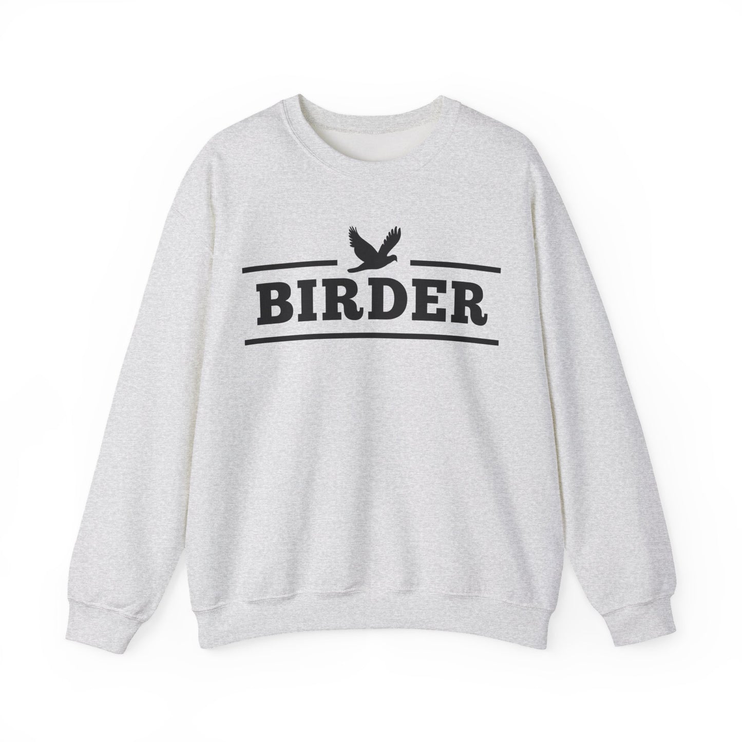 Gray sweatshirt with 'BIRDER' text and bird graphic on a white background