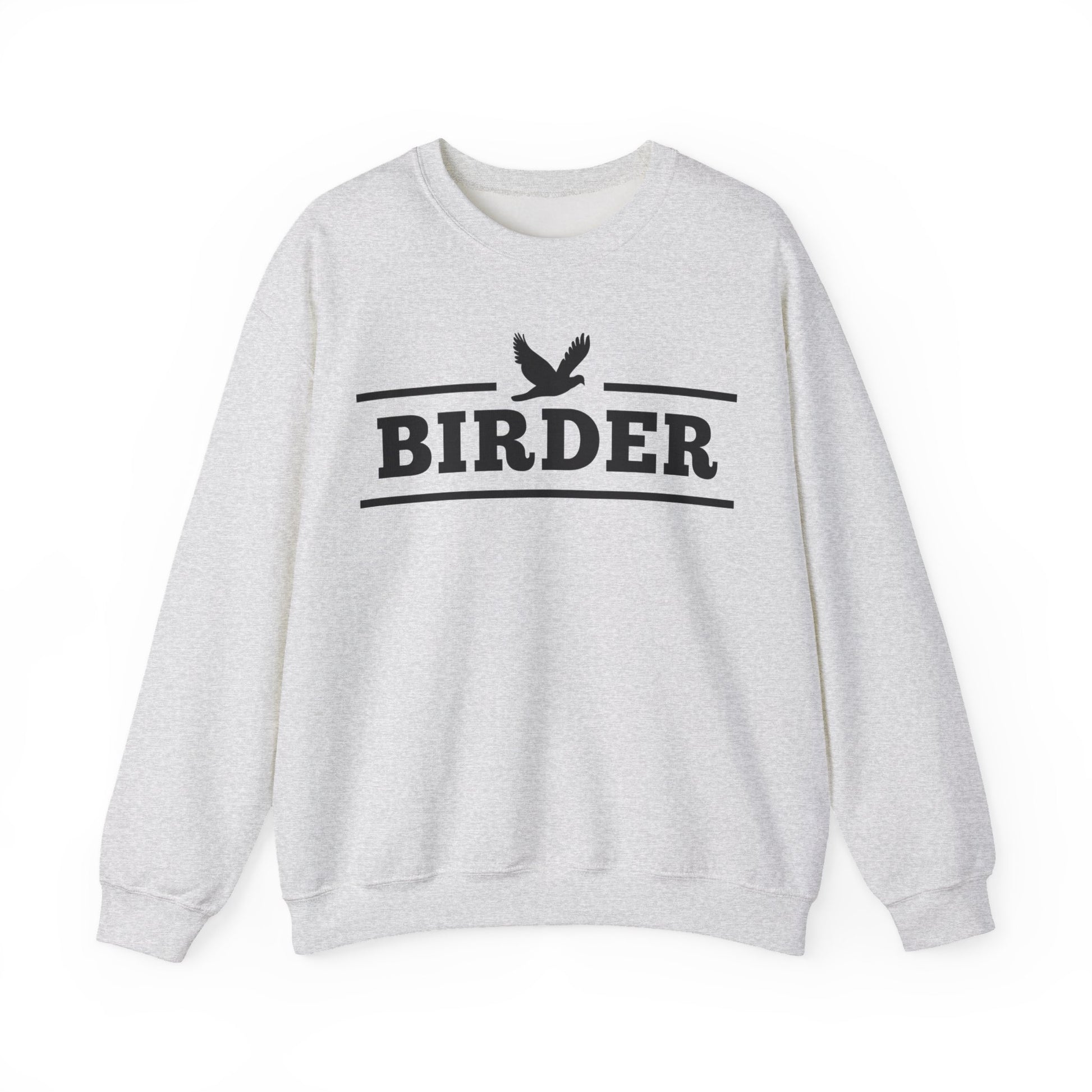 Gray sweatshirt with 'BIRDER' text and bird graphic on a white background