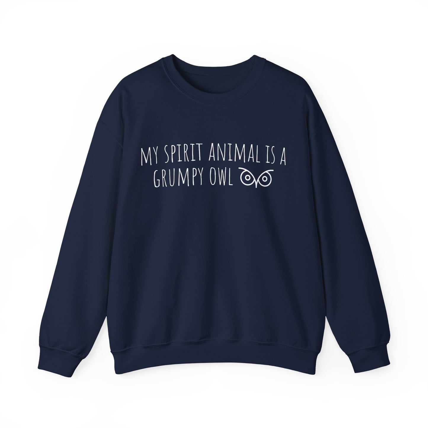 Navy blue sweatshirt with text 'My spirit animal is a grumpy owl' on a white background