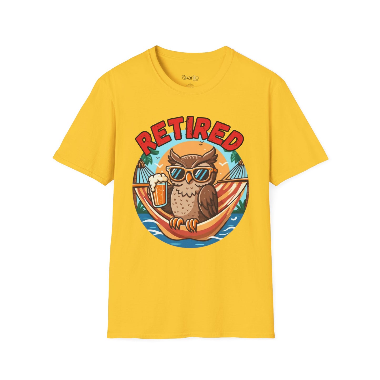 Yellow t-shirt with an owl graphic and 'Retired' text on a white background
