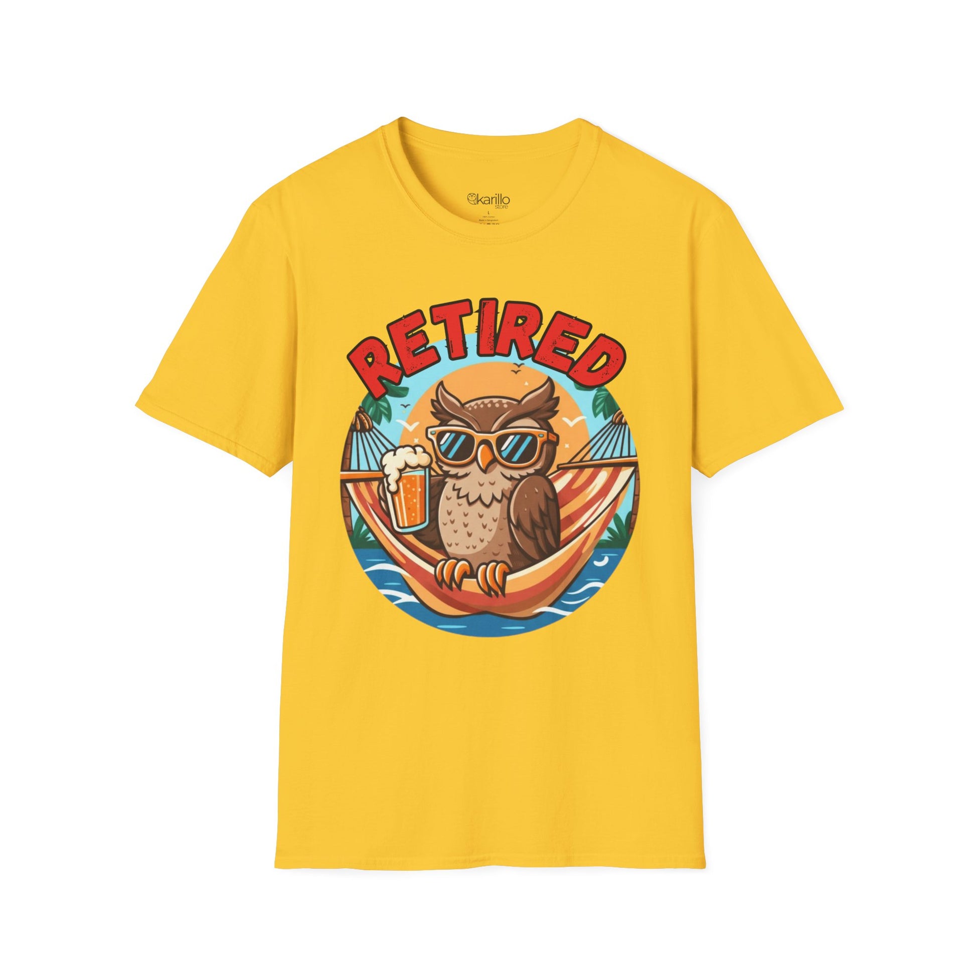Yellow t-shirt with an owl graphic and 'Retired' text on a white background
