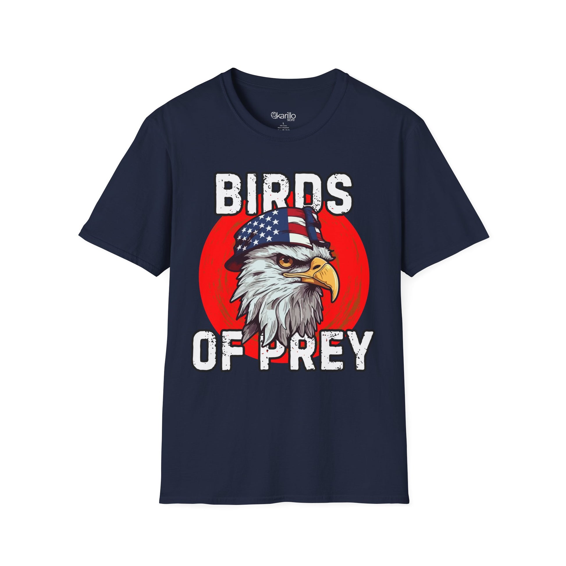 Navy ue t-shirt with an eagle graphic and 'Birds of Prey' text on a white background