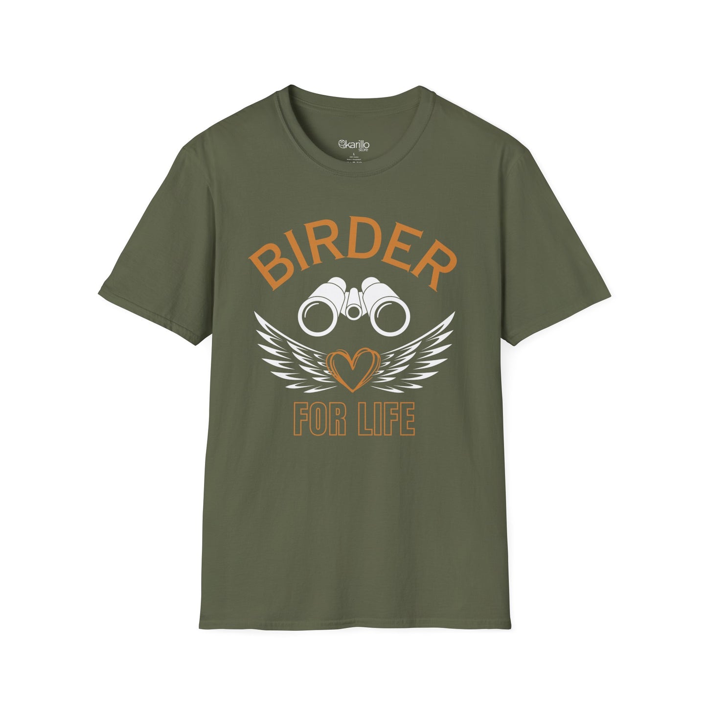 Front view of Birder for Life T-shirt military green color, gift for bird lovers
