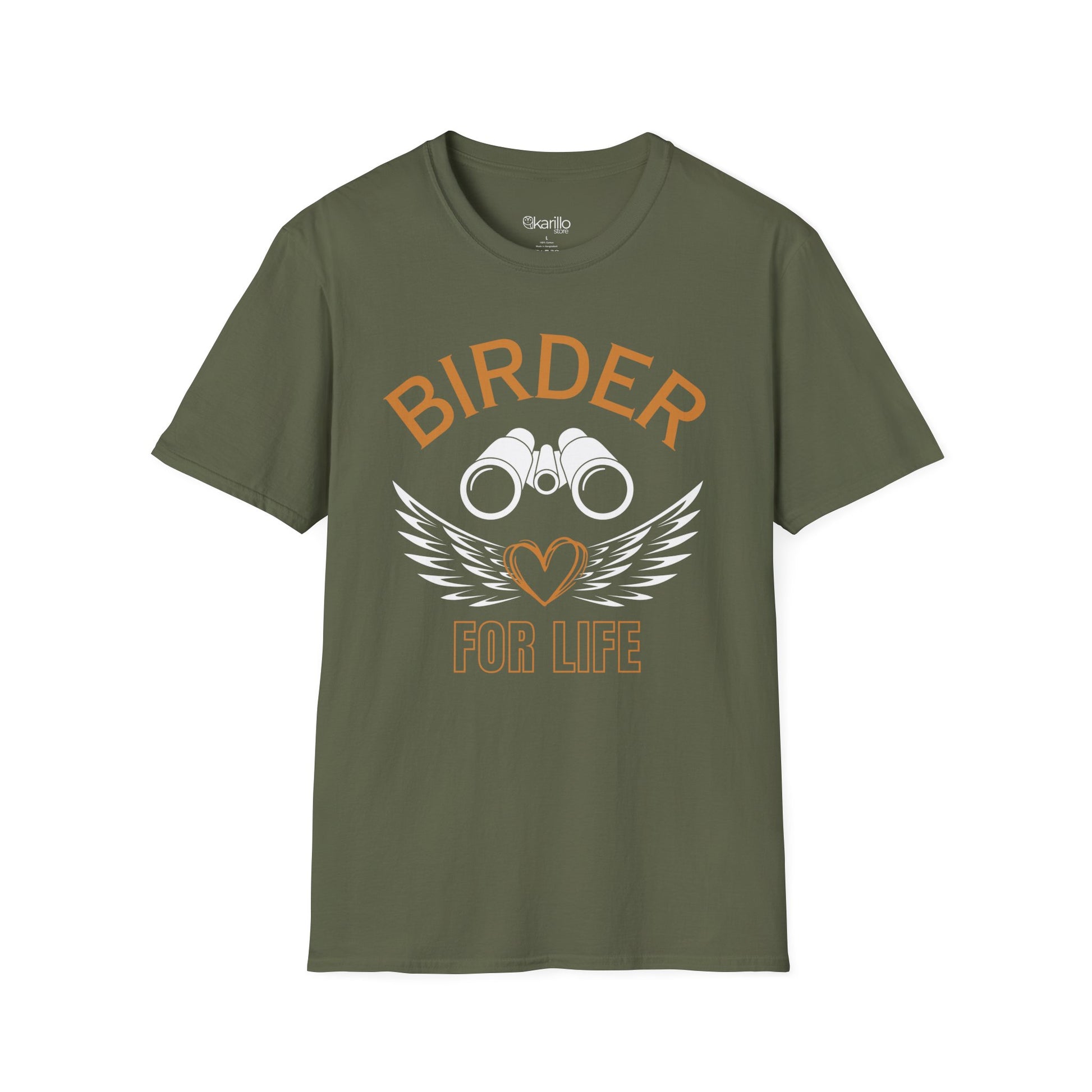Front view of Birder for Life T-shirt military green color, gift for bird lovers