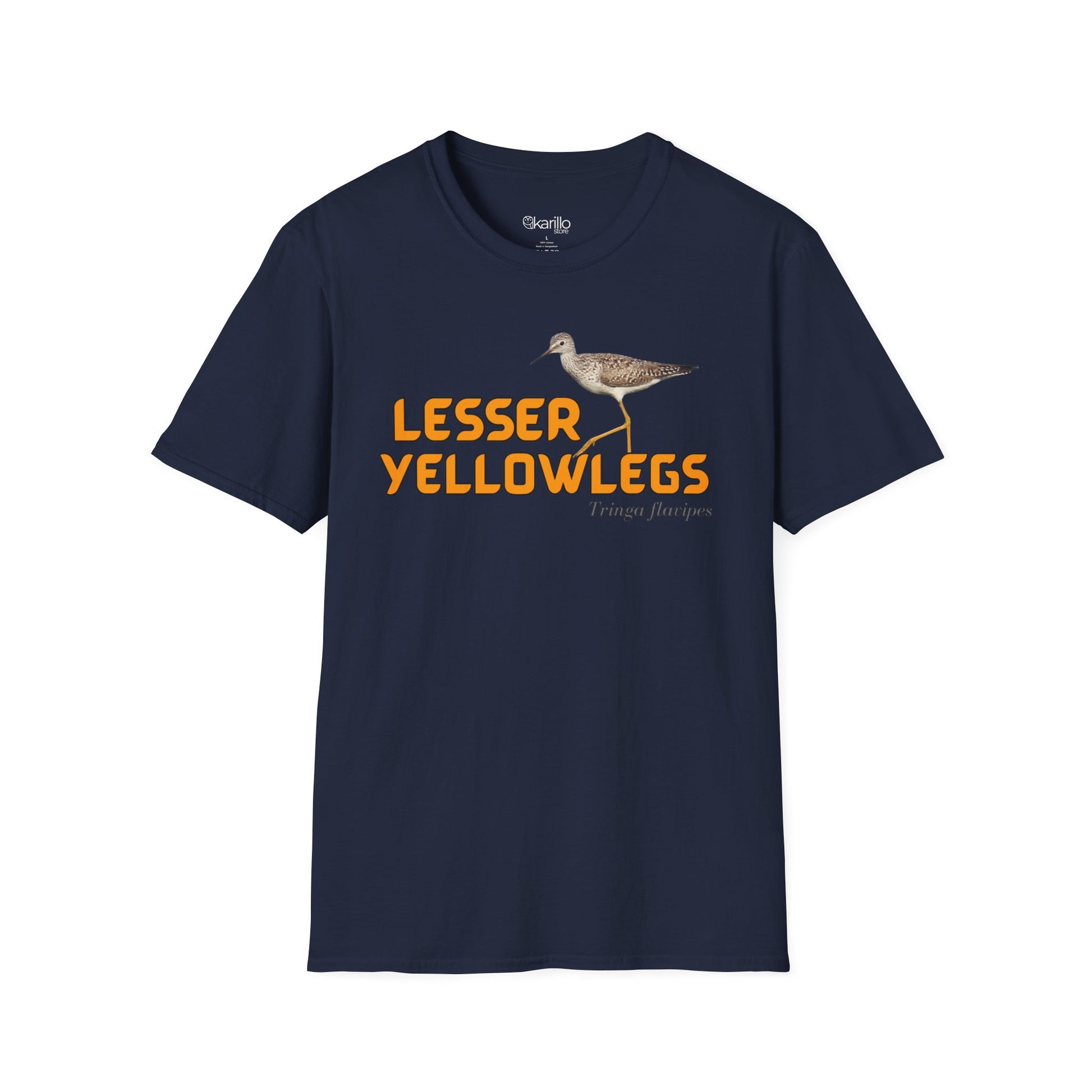 Front view navy blue t-shirt with 'lesser yellowlegs' text and bird image on a white background