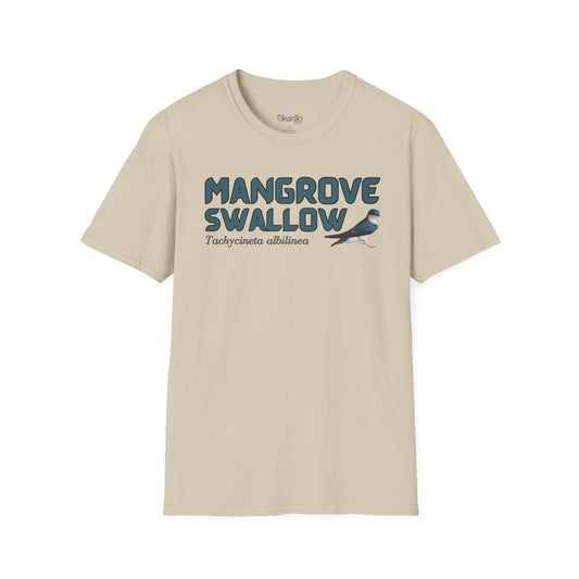 Front view of Sand color t-shirt with 'Mangrove Swallow' text and bird graphic on a white background