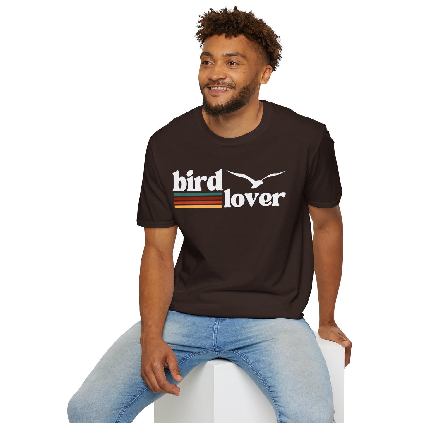 Man wearing a Bird Lover graphic design t-shirt