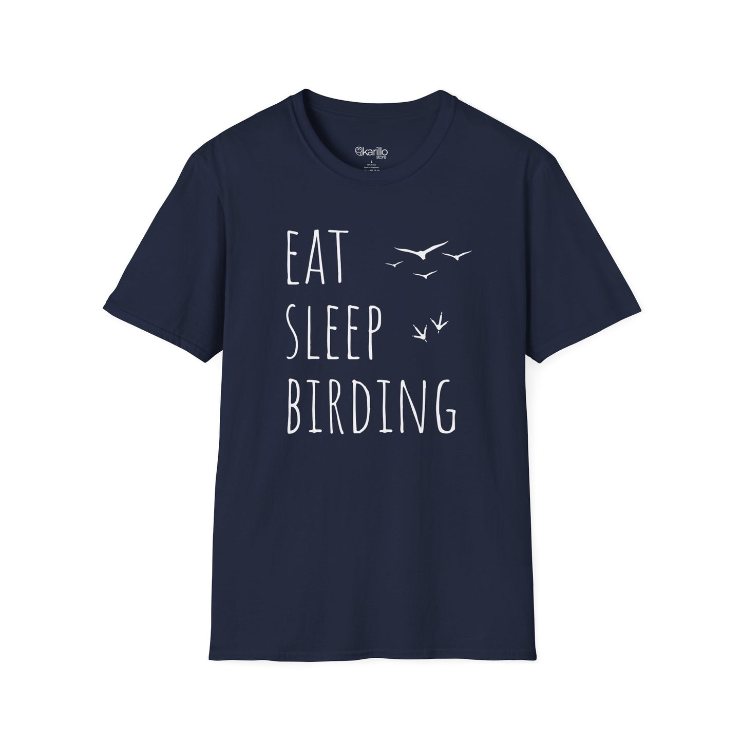 Blue t-shirt with 'Eat Sleep Birding' text and bird illustrations on a white background