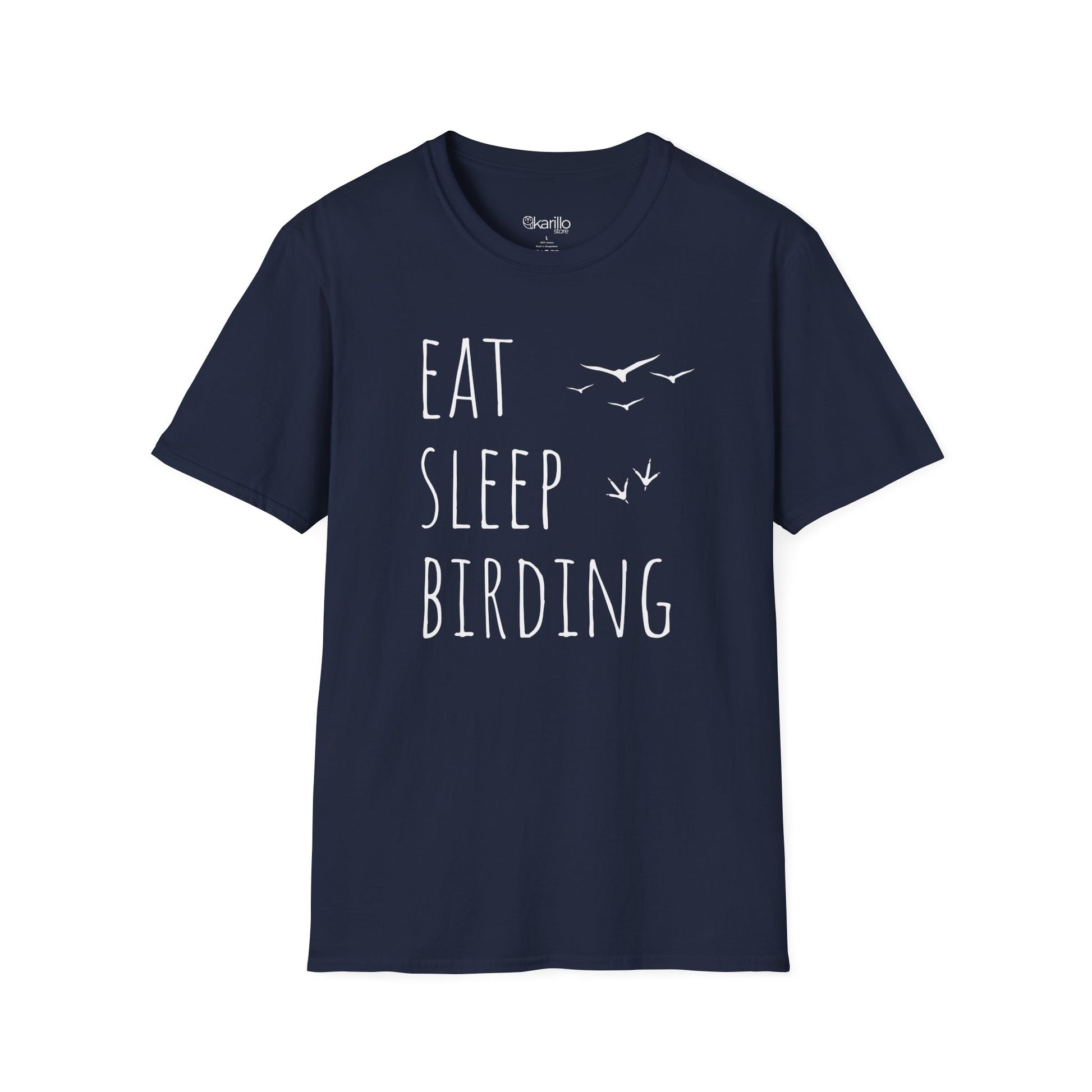 Blue t-shirt with 'Eat Sleep Birding' text and bird illustrations on a white background